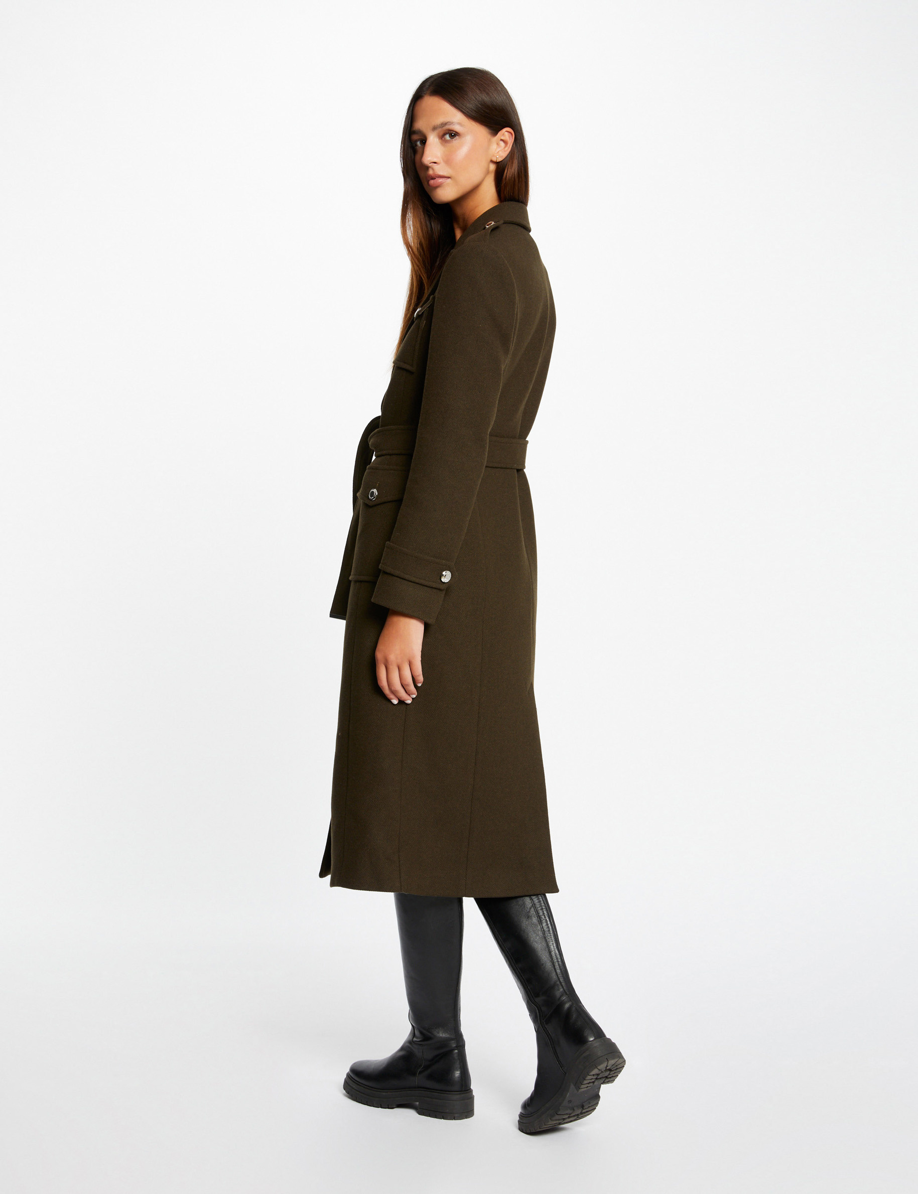 Manteau long cintre avec ceinture vert fonce femme