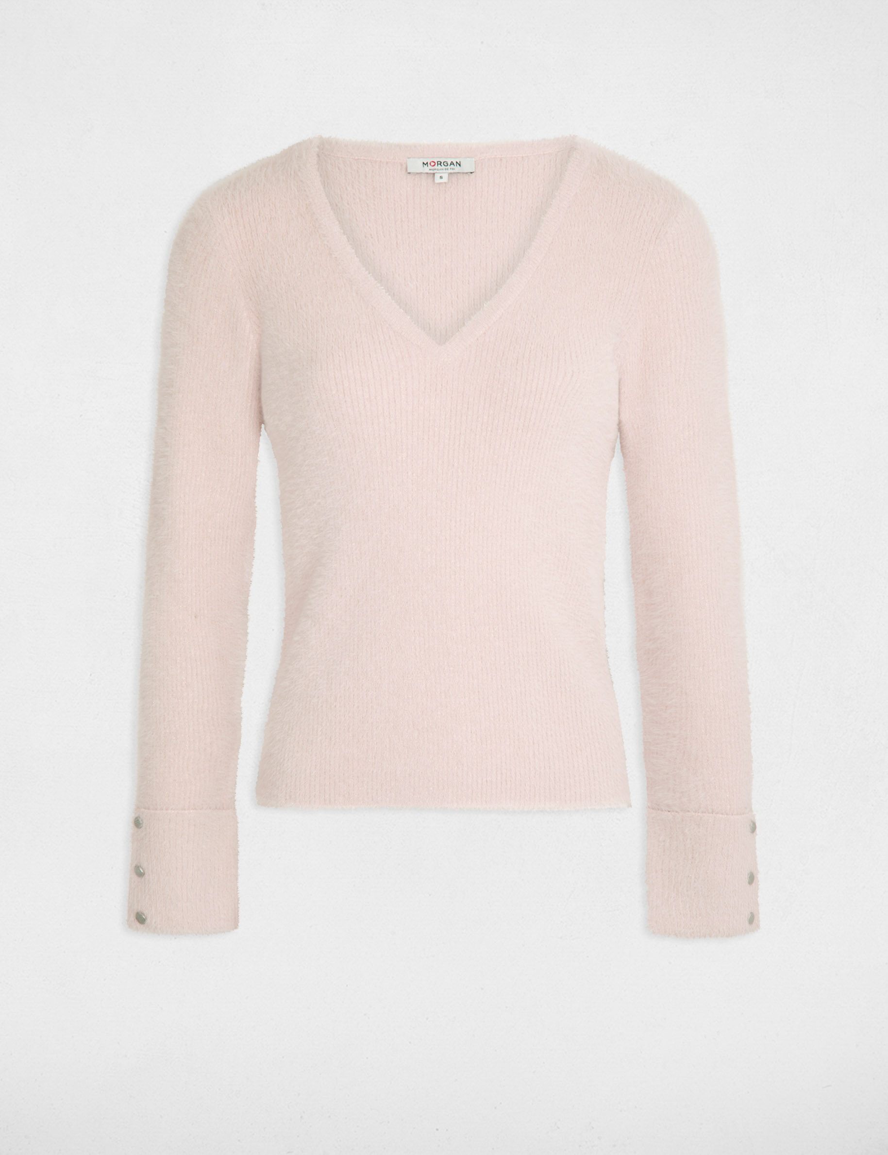 Pull manches longues avec col en V rose femme