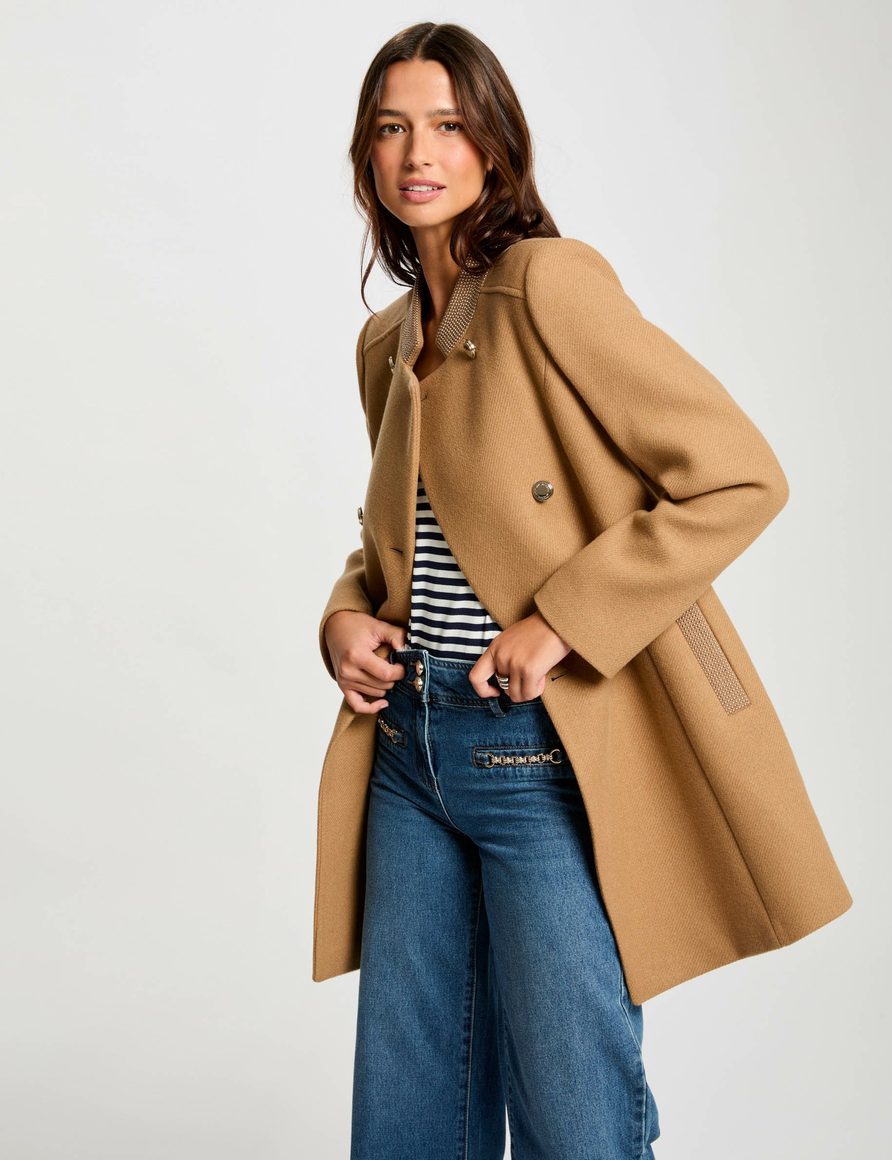 Manteau long boutonné camel femme