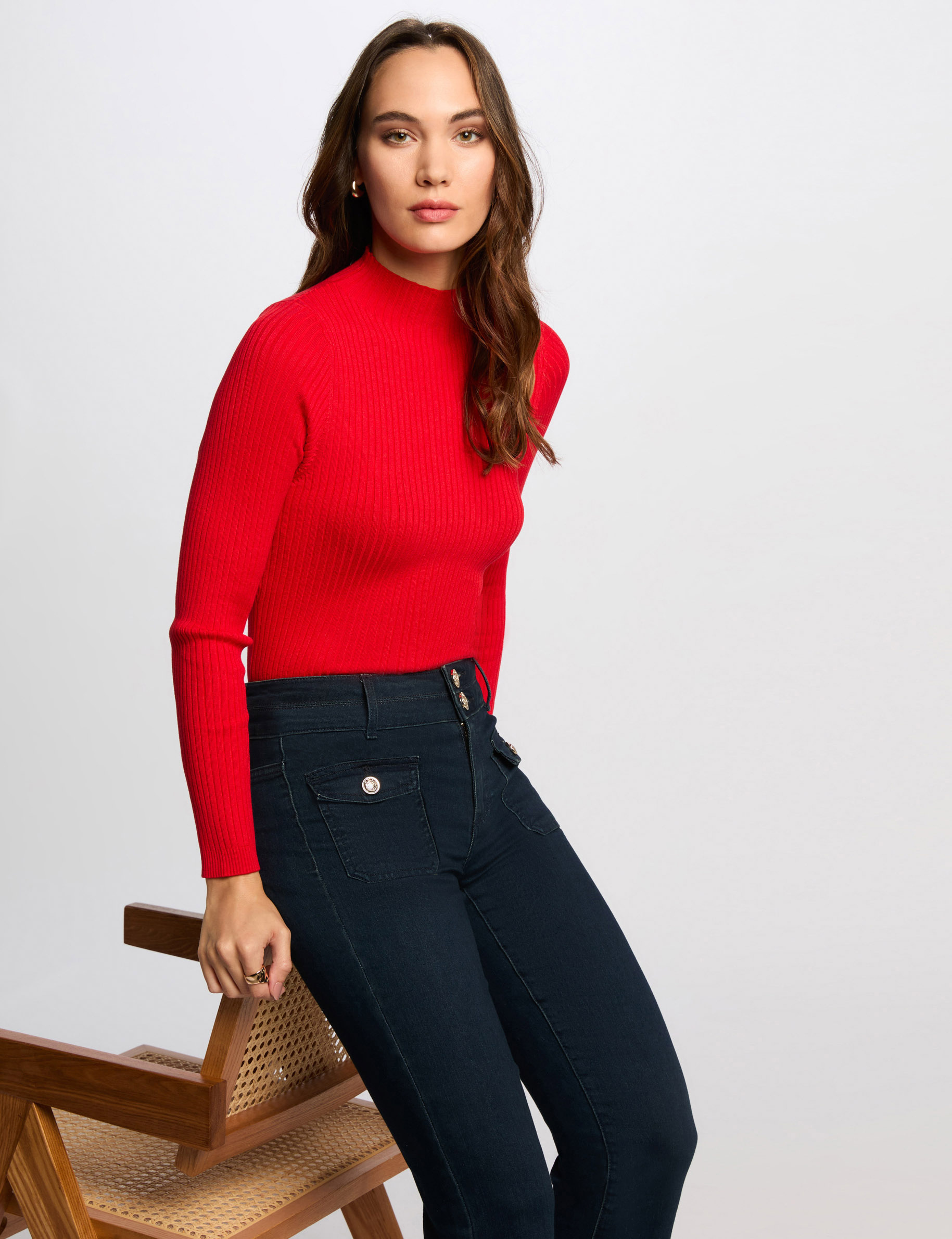 Pull col montant côtelé rouge femme