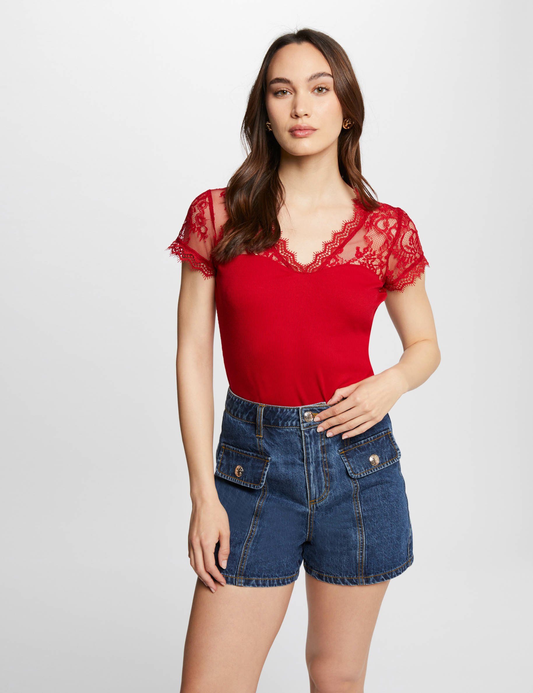 T-shirt manches courtes à dentelle rouge moyen femme