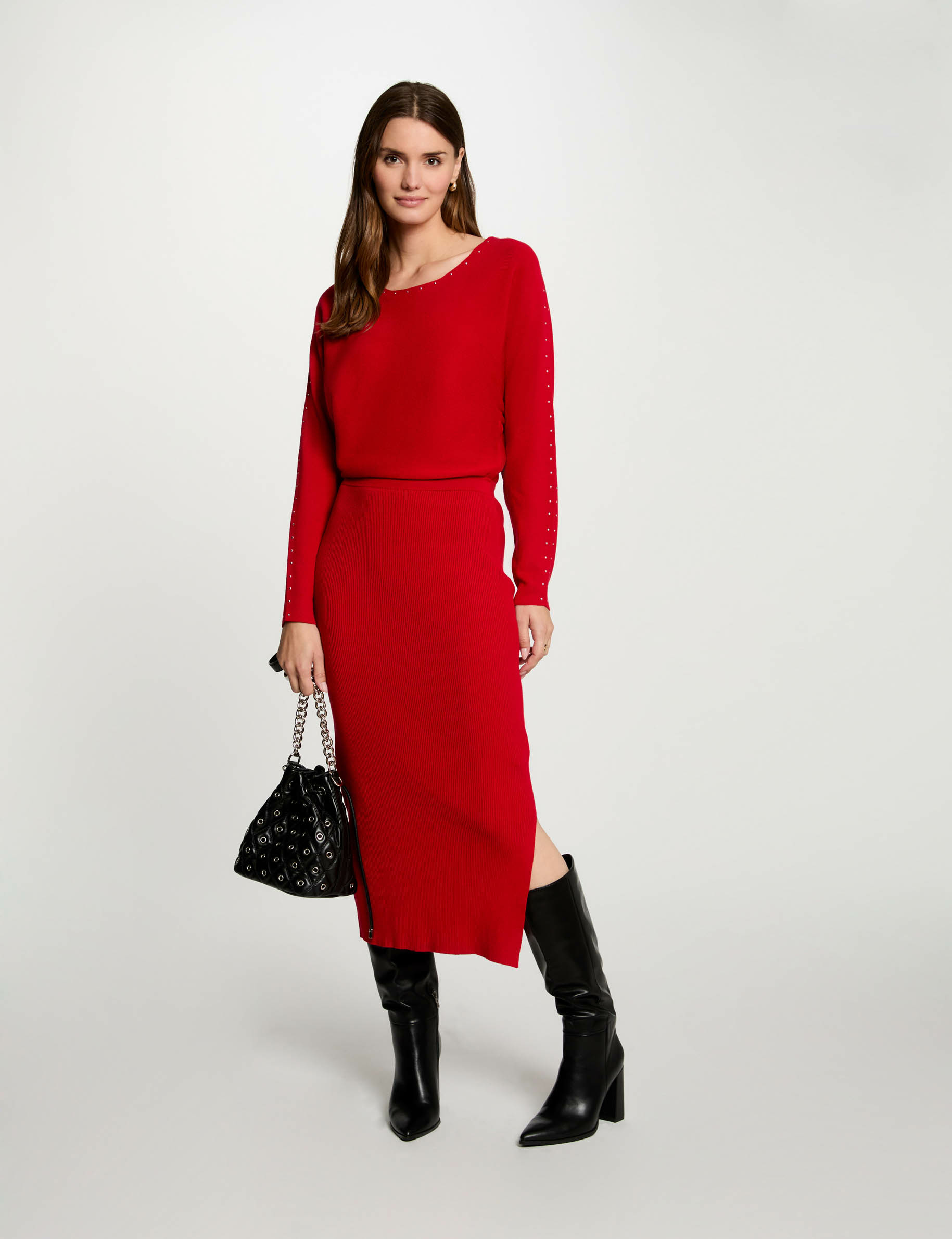 Robe tricot longue ajustée rouge femme