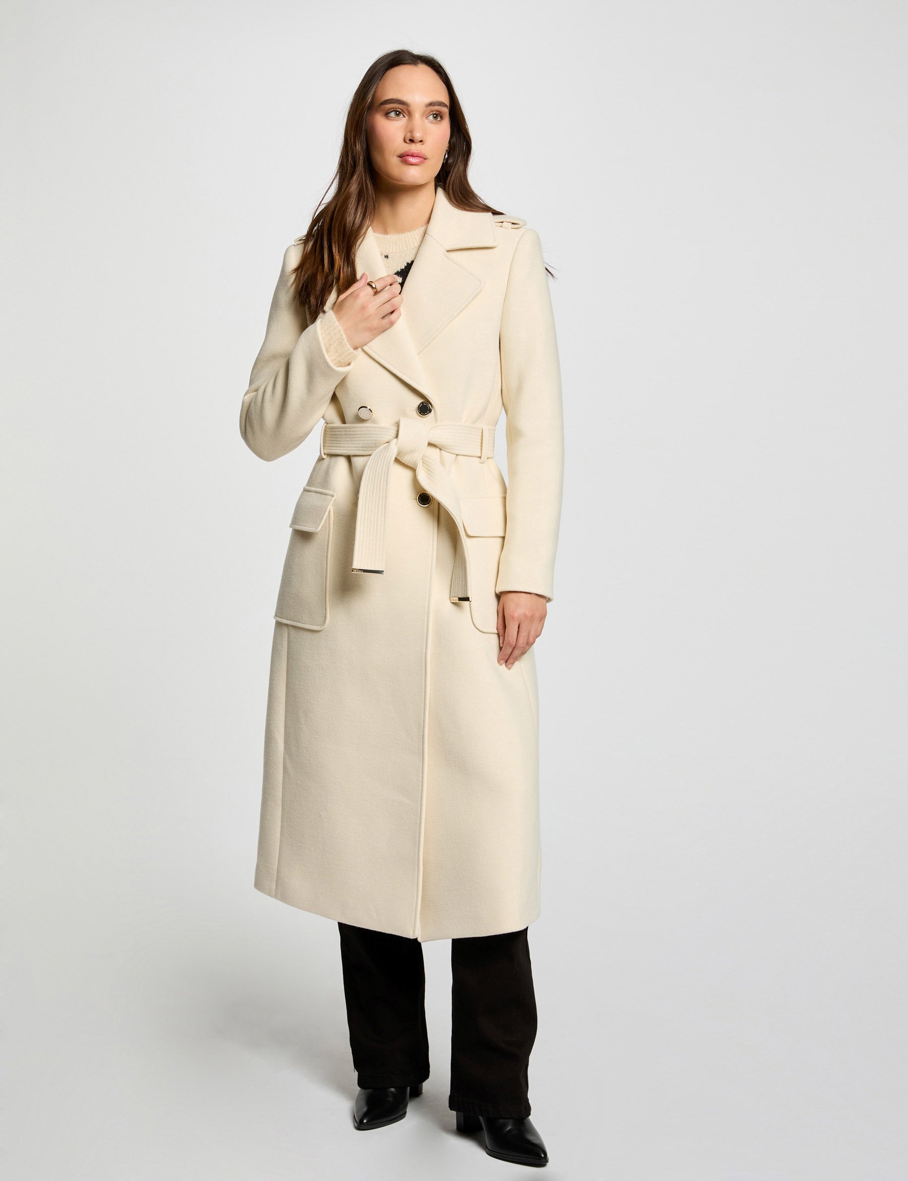 Manteau long ceinturé ivoire femme