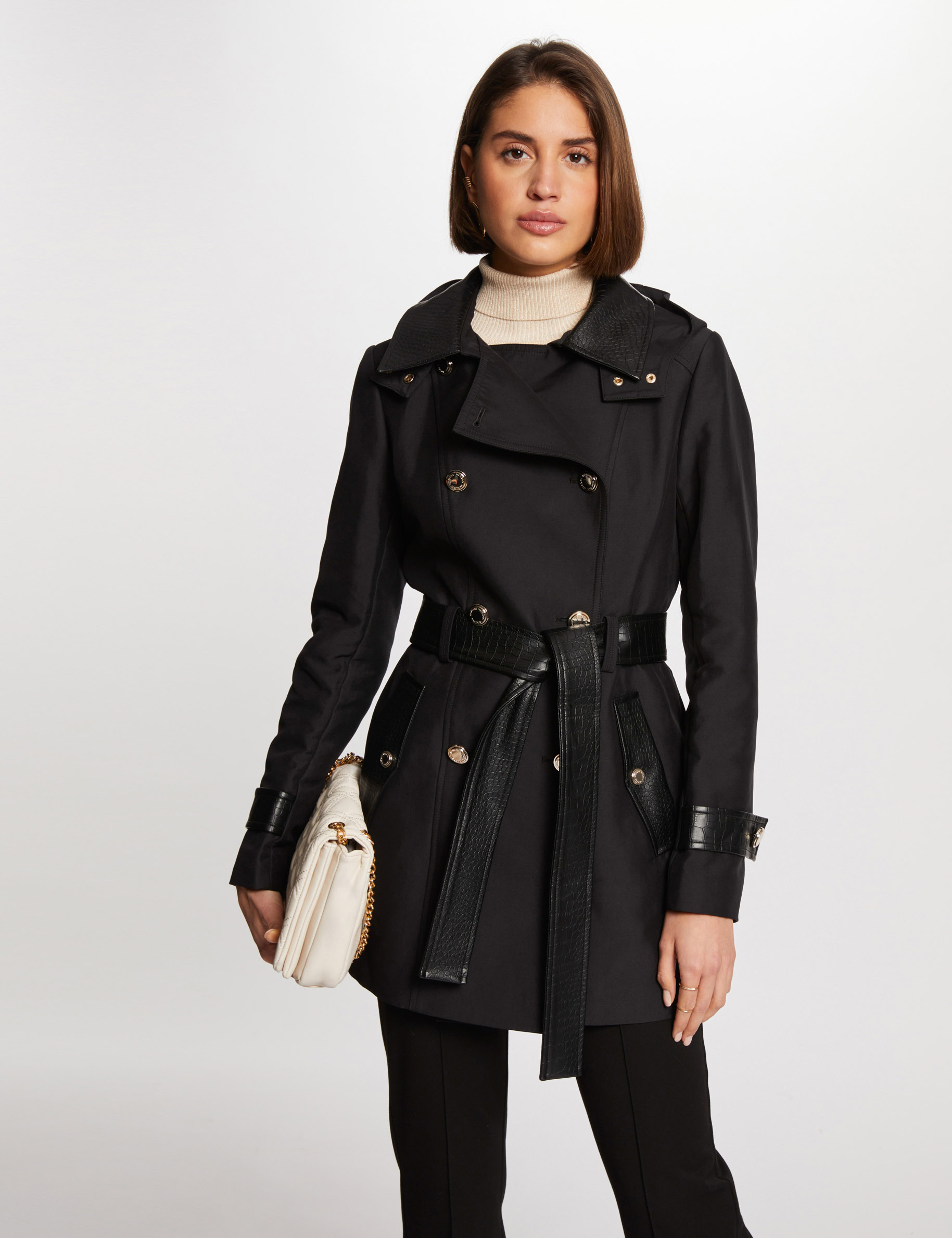 Trench détails simili cuir noir femme