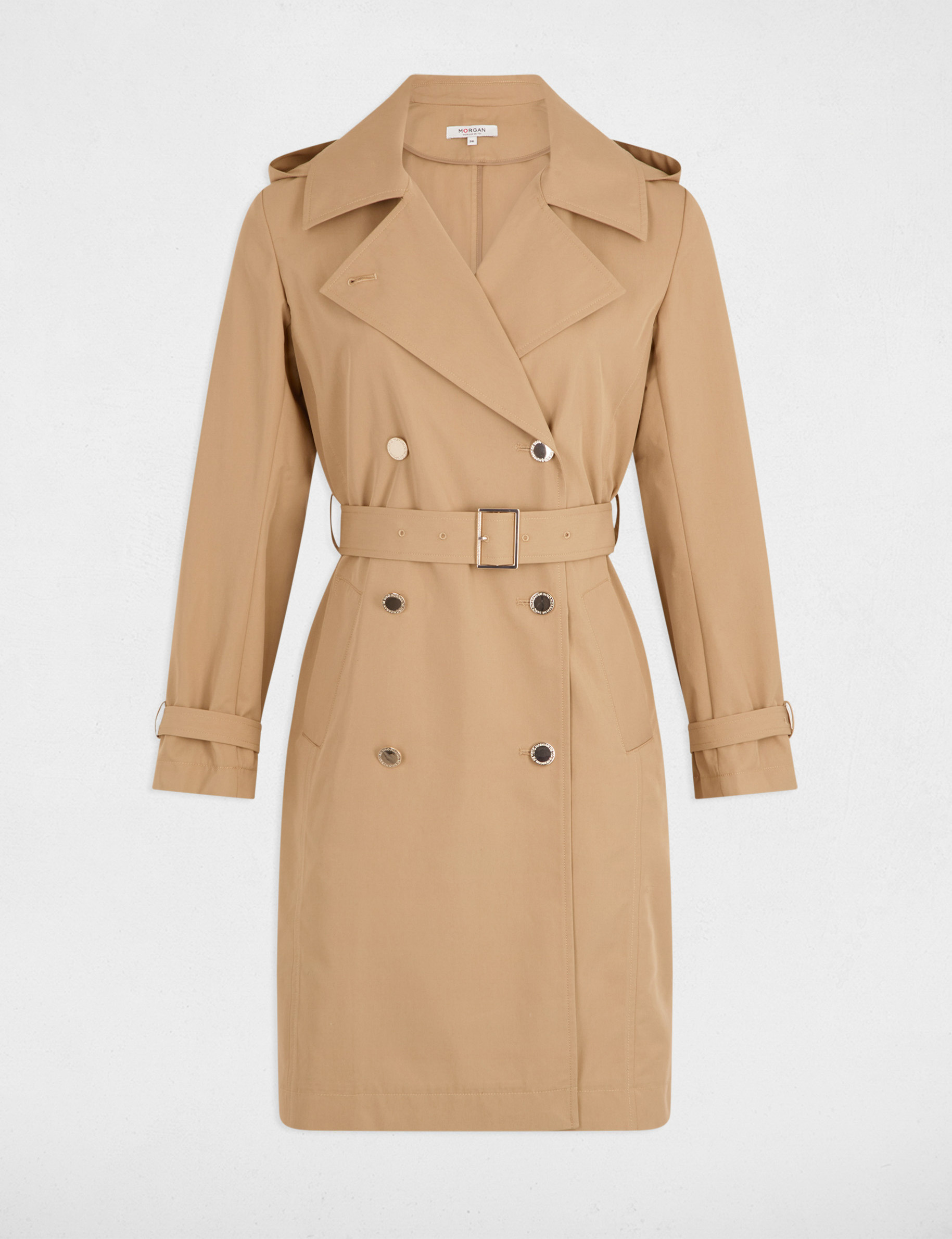 Lange trenchcoat met ceintuur beige vrouw