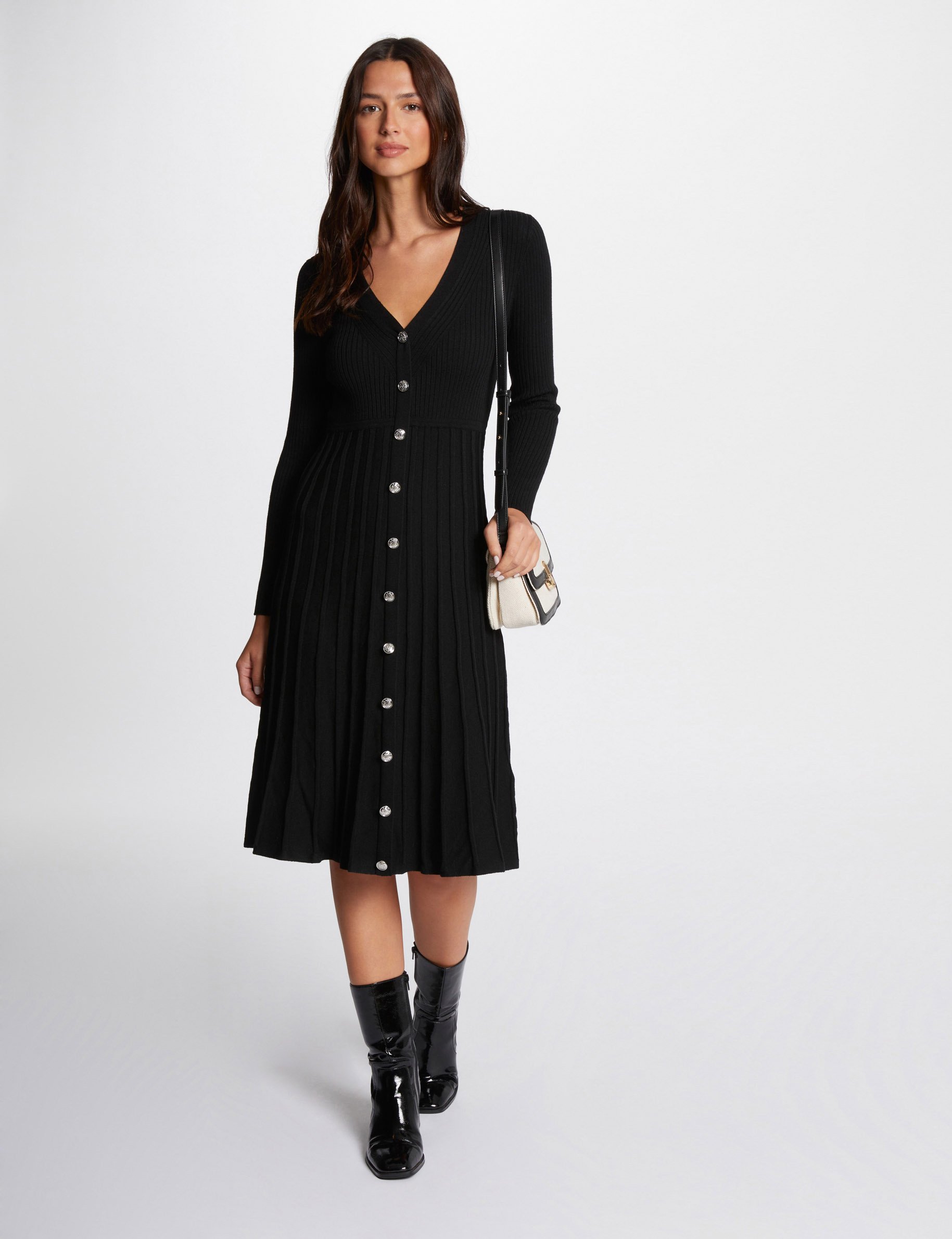 Robe tricot midi plissée noir femme