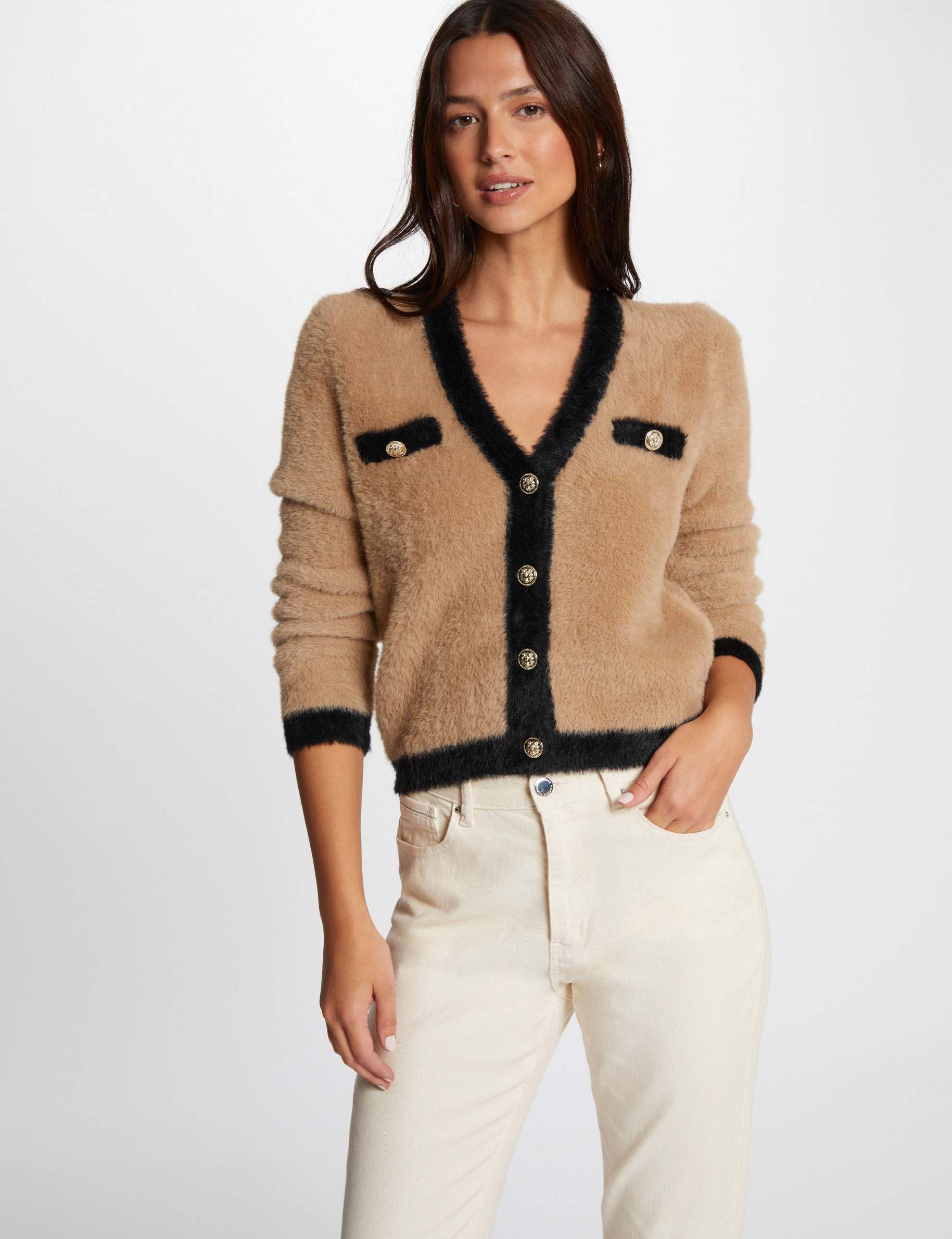 Pull maille duveteuse camel femme