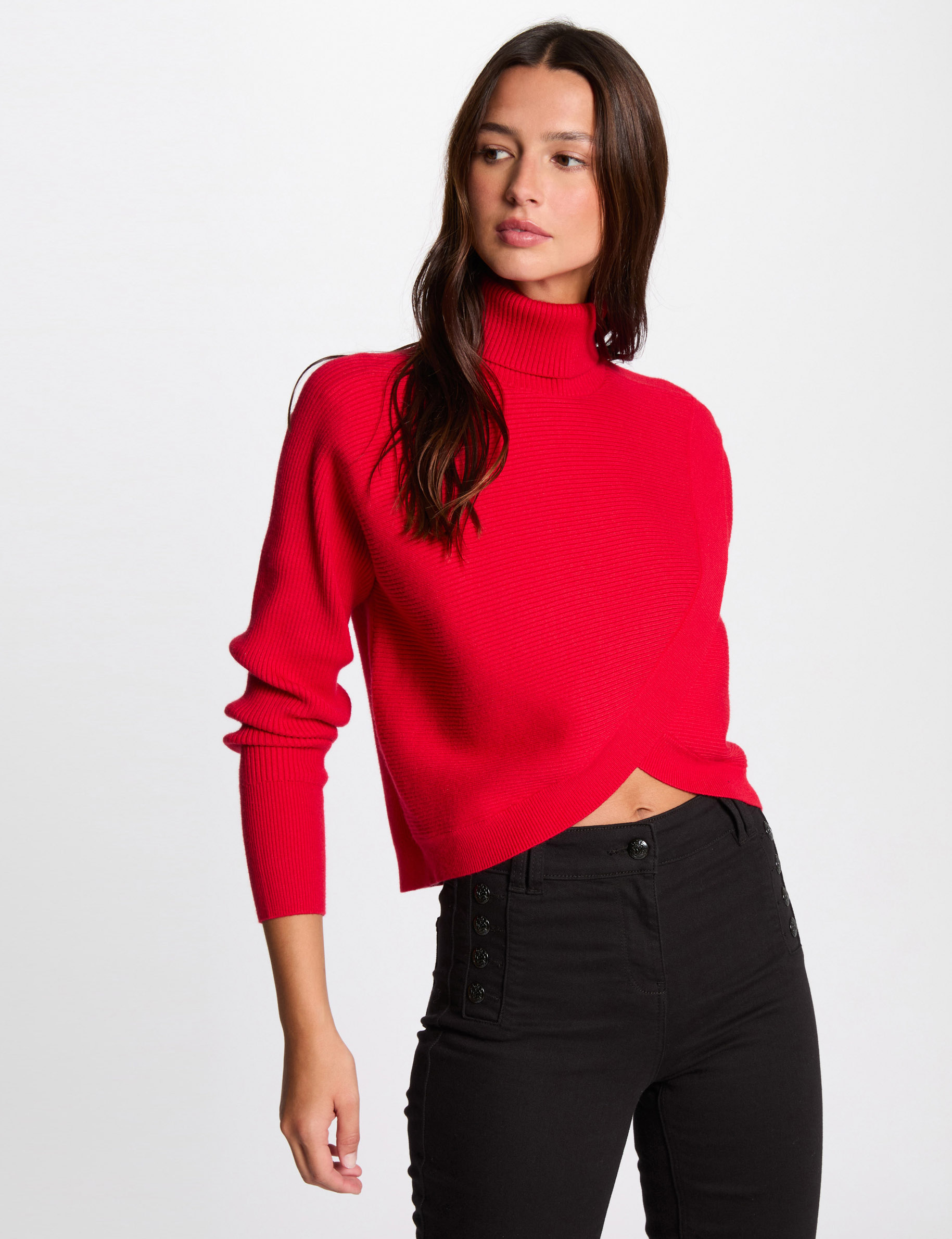 Pull manches longues effet croisé rouge femme