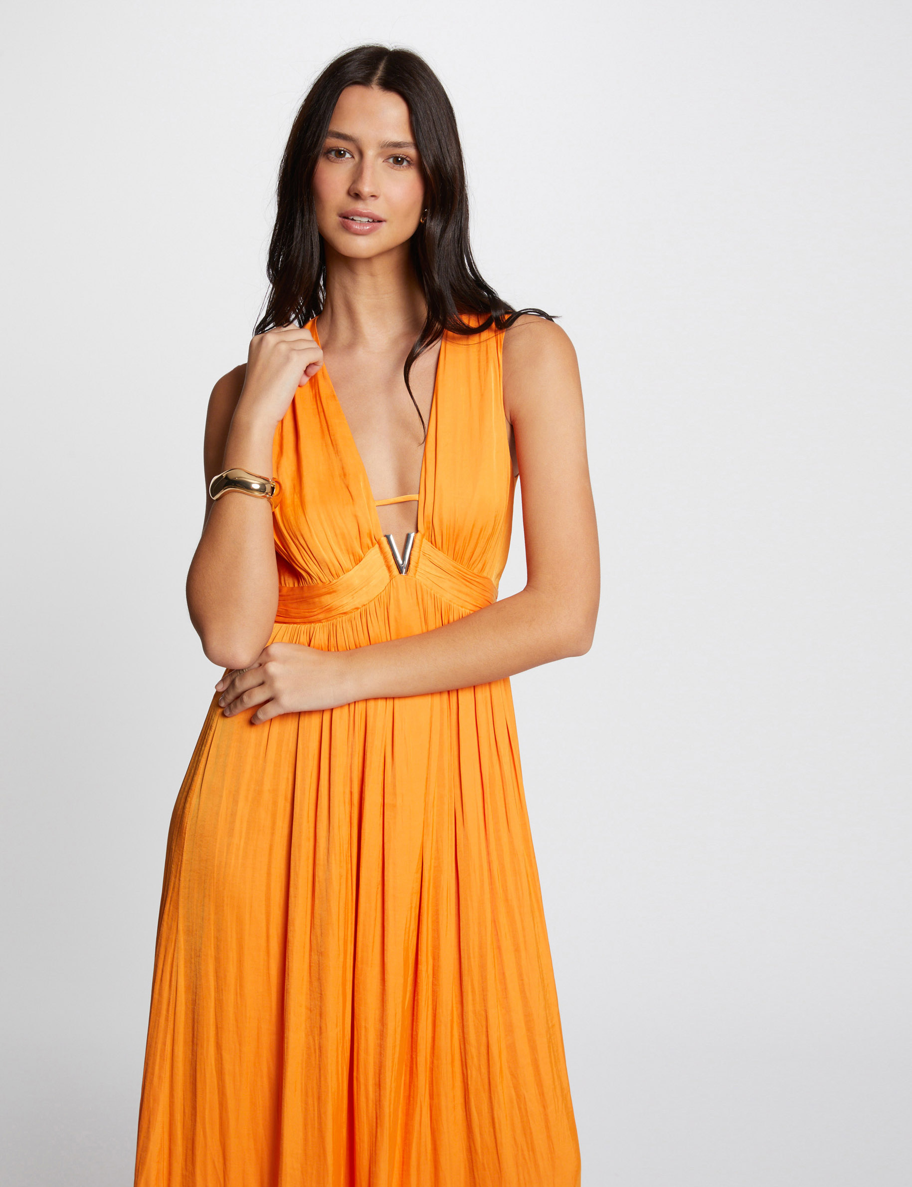 Robe longue évasée fluide orange femme