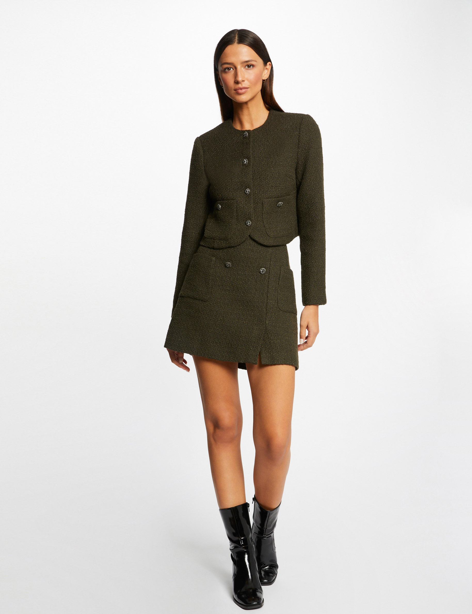 Veste droite boutonnée avec col rond vert fonce femme