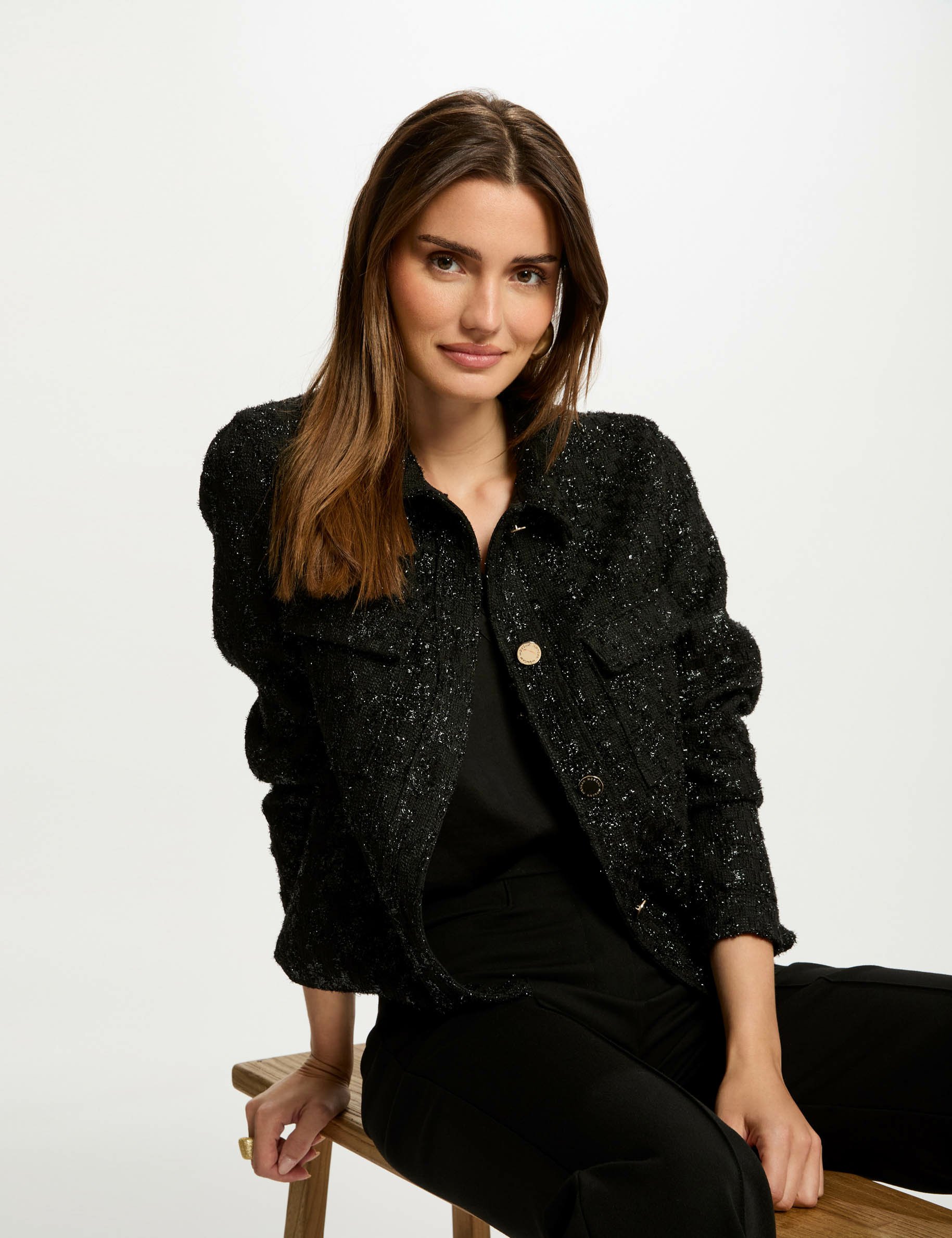 Veste tweed boutonnée noir femme