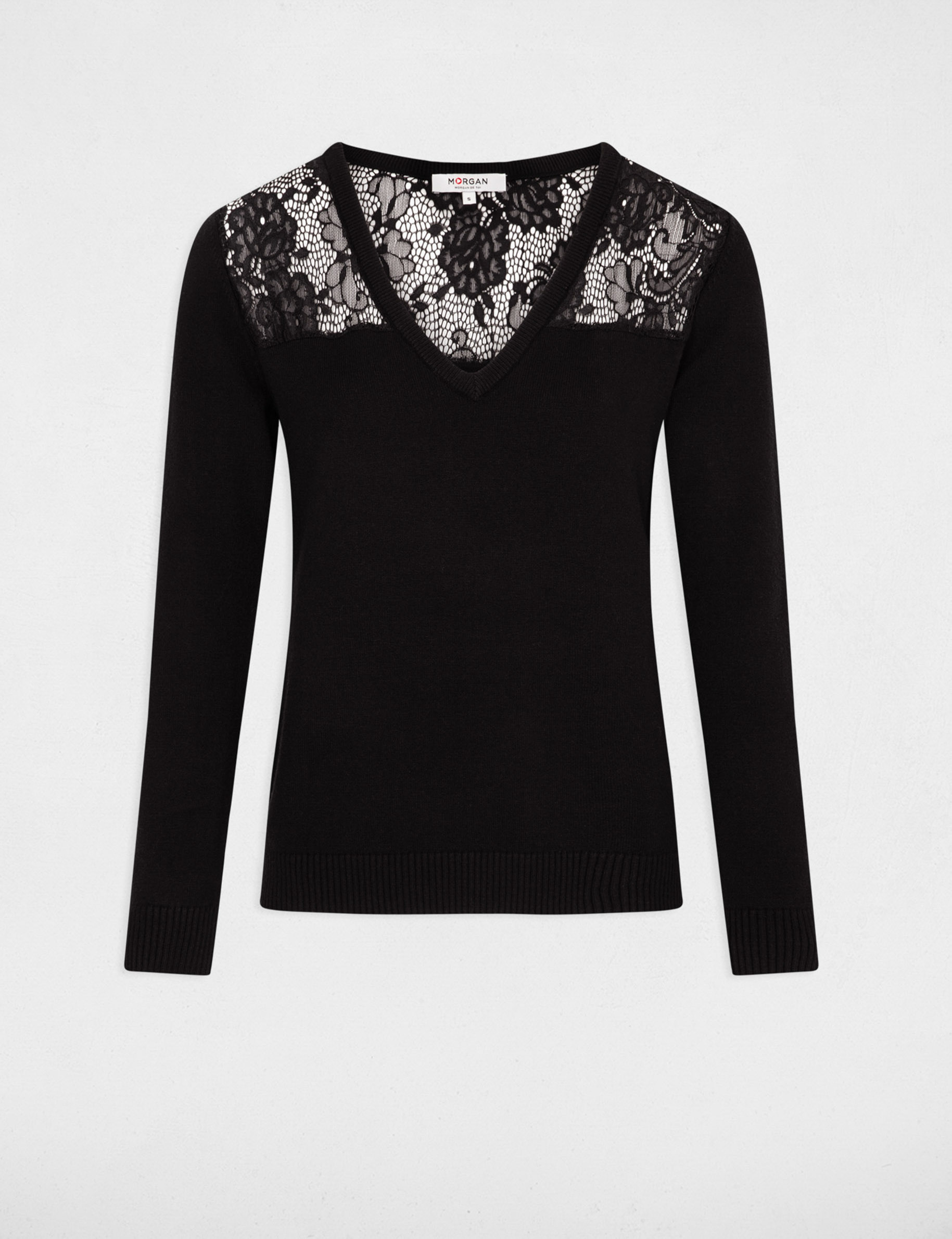 Pull col en V détails dentelle noir femme