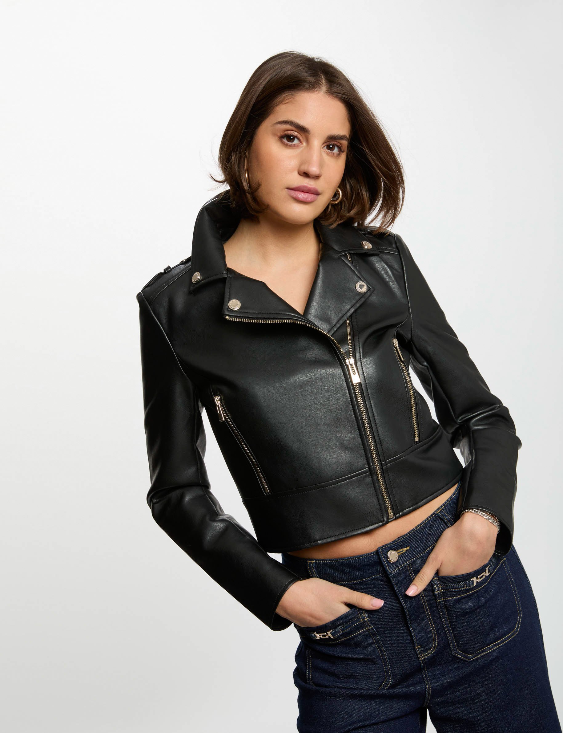 Blouson court simili cuir noir femme