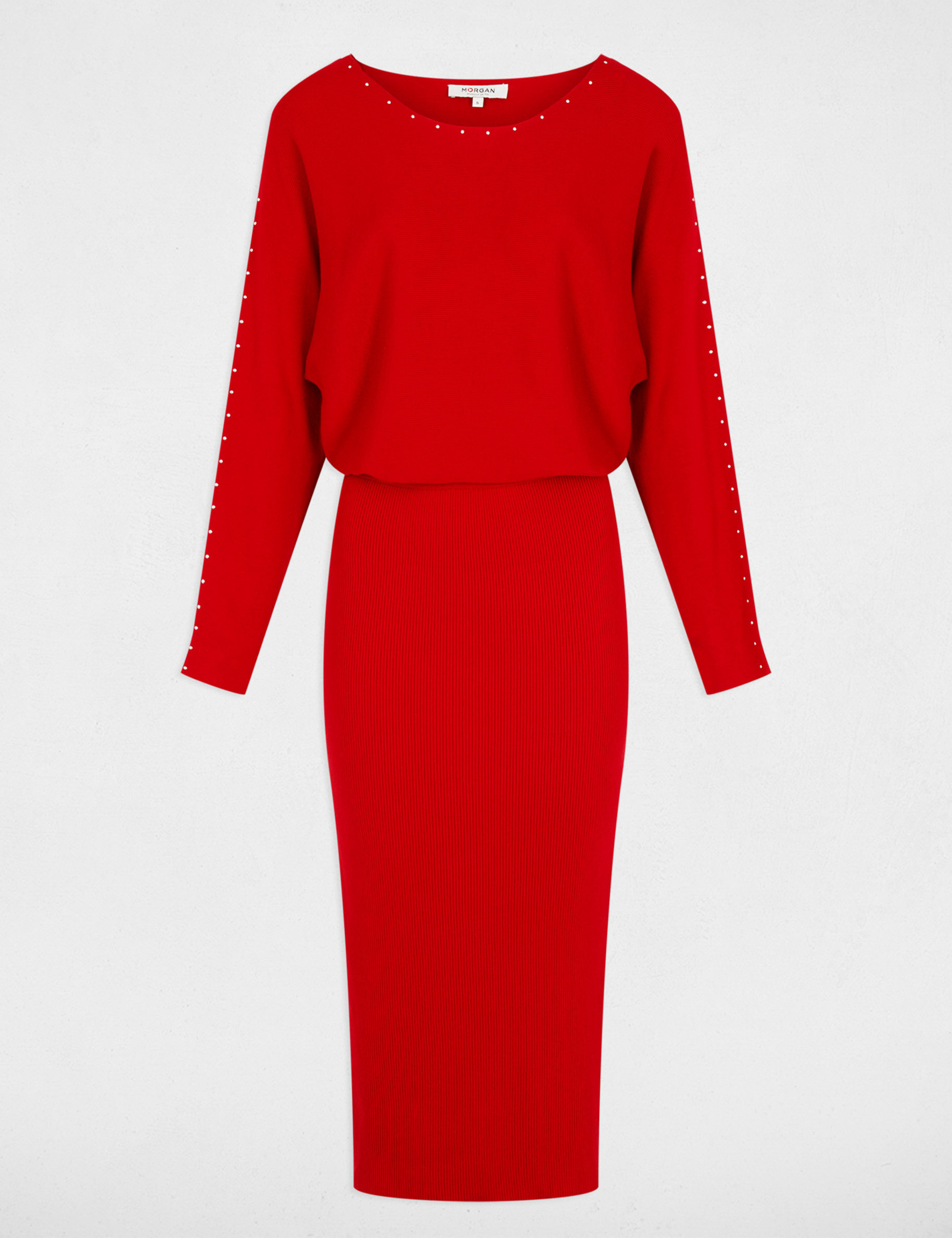 Robe tricot longue ajustée rouge femme