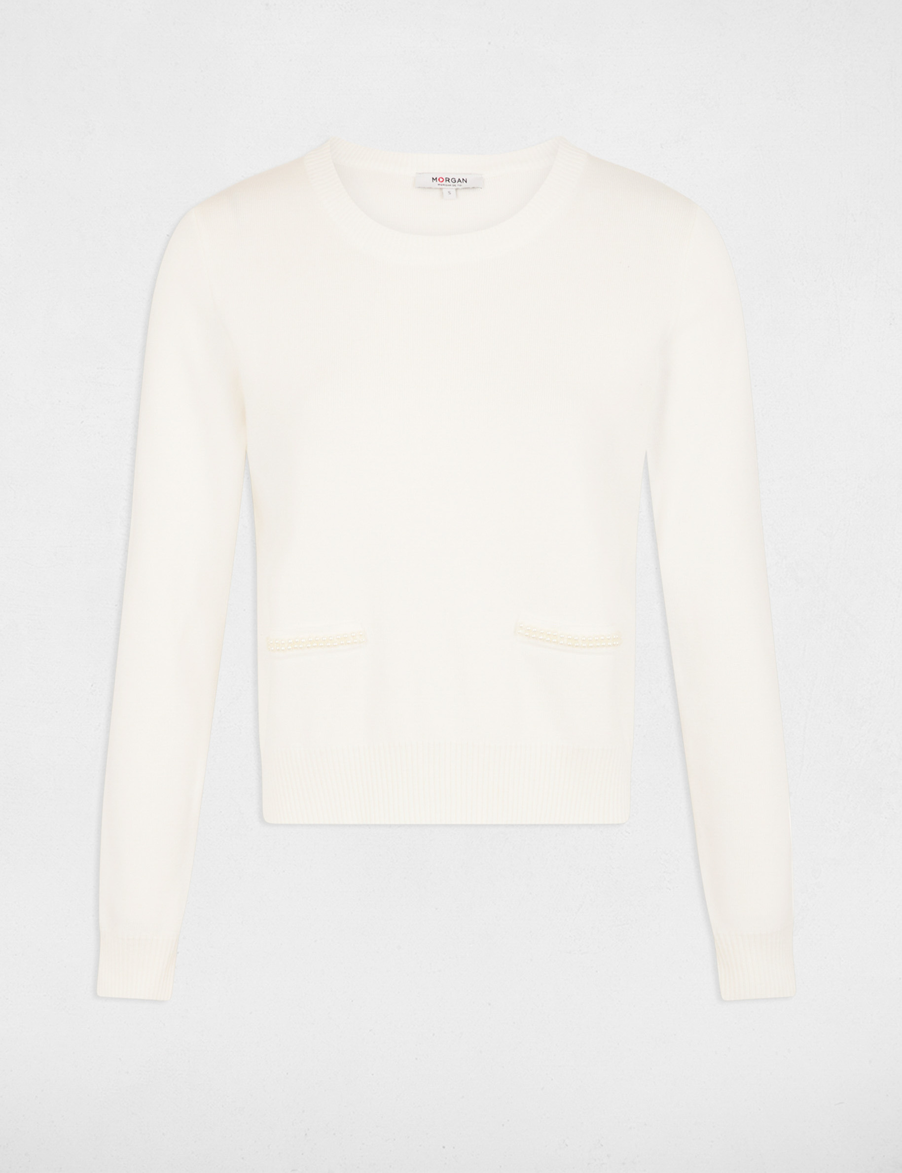 Pull col rond avec perles blanc femme