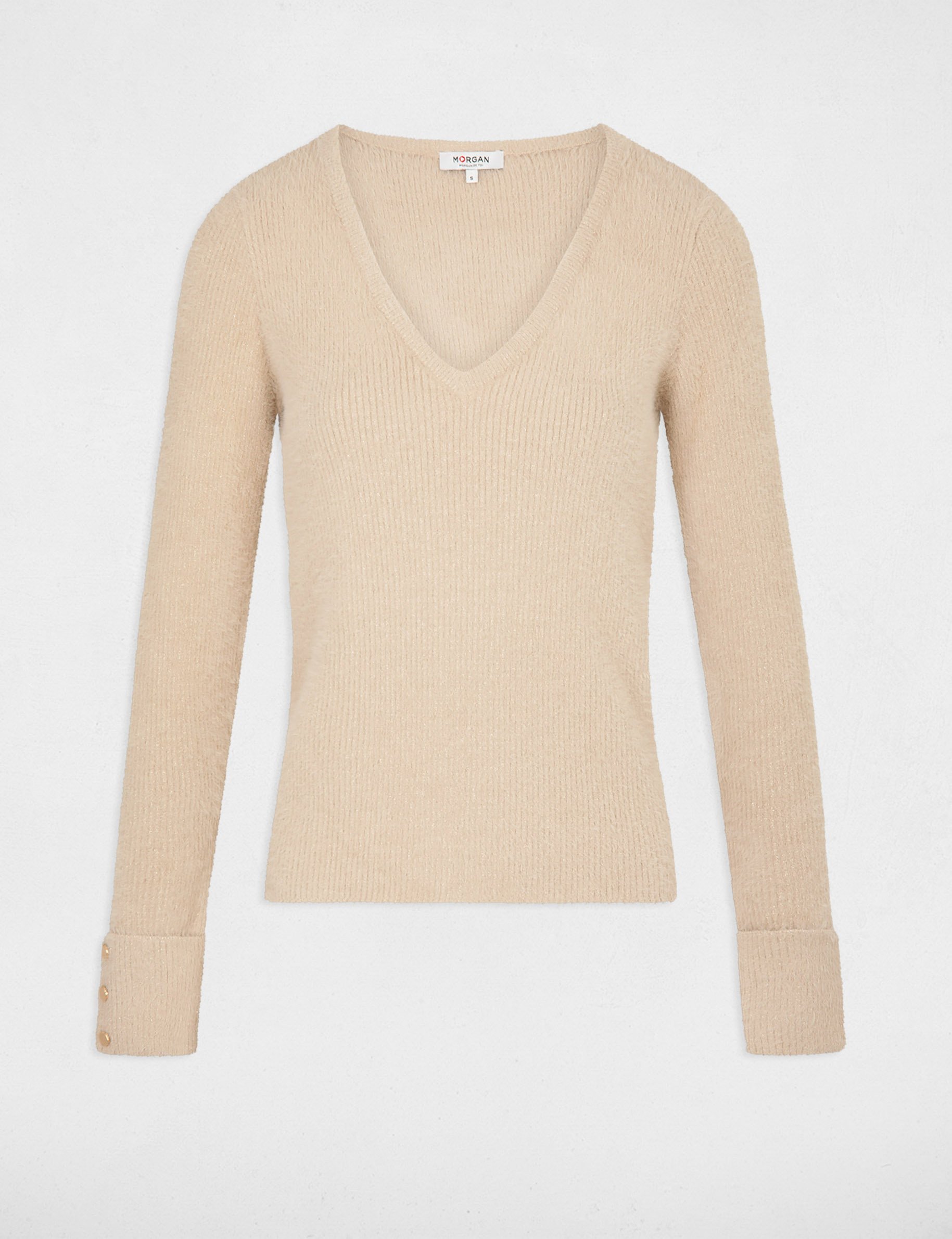 Pull manches longues avec col en V taupe femme