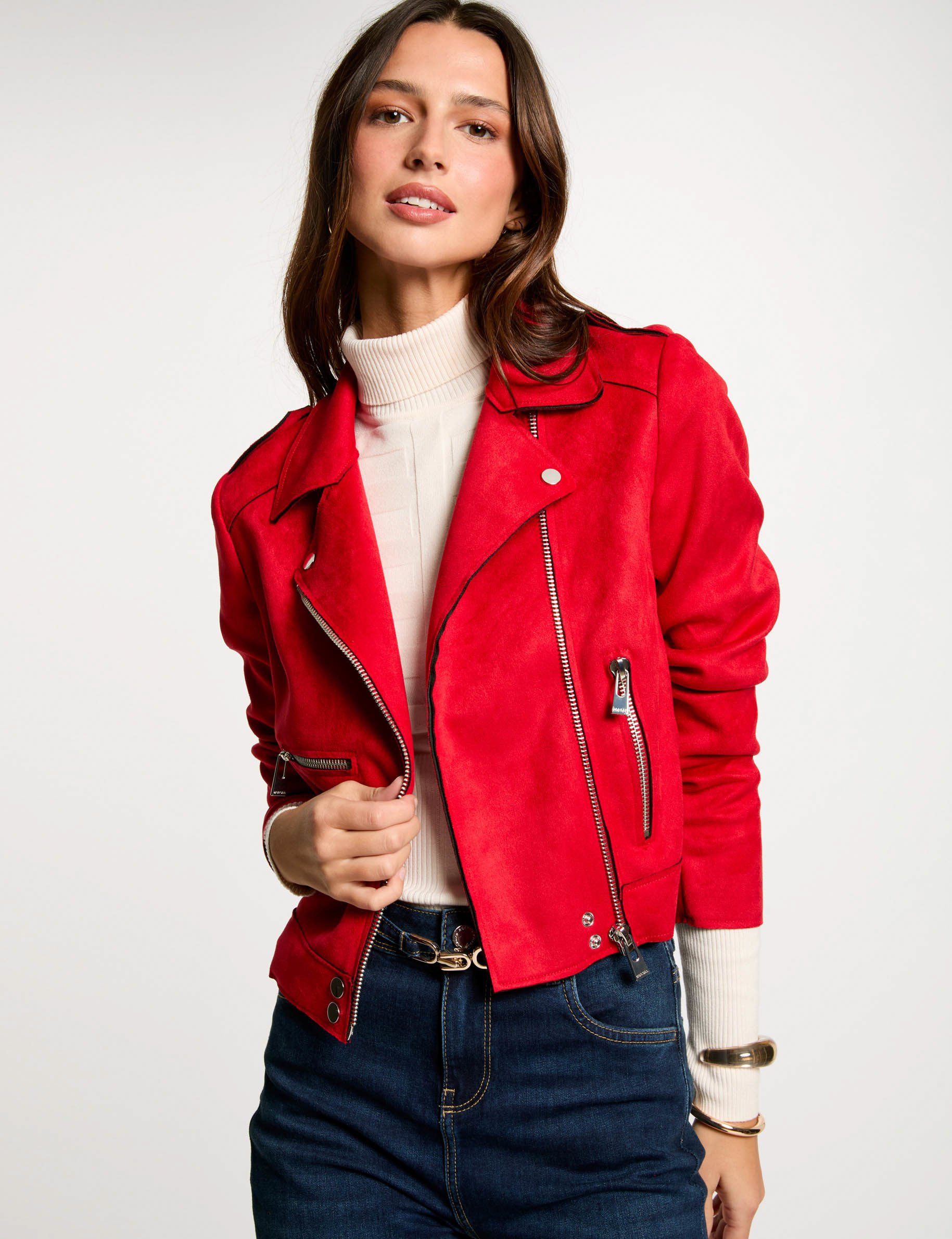 Blouson court zippé suédine rouge femme