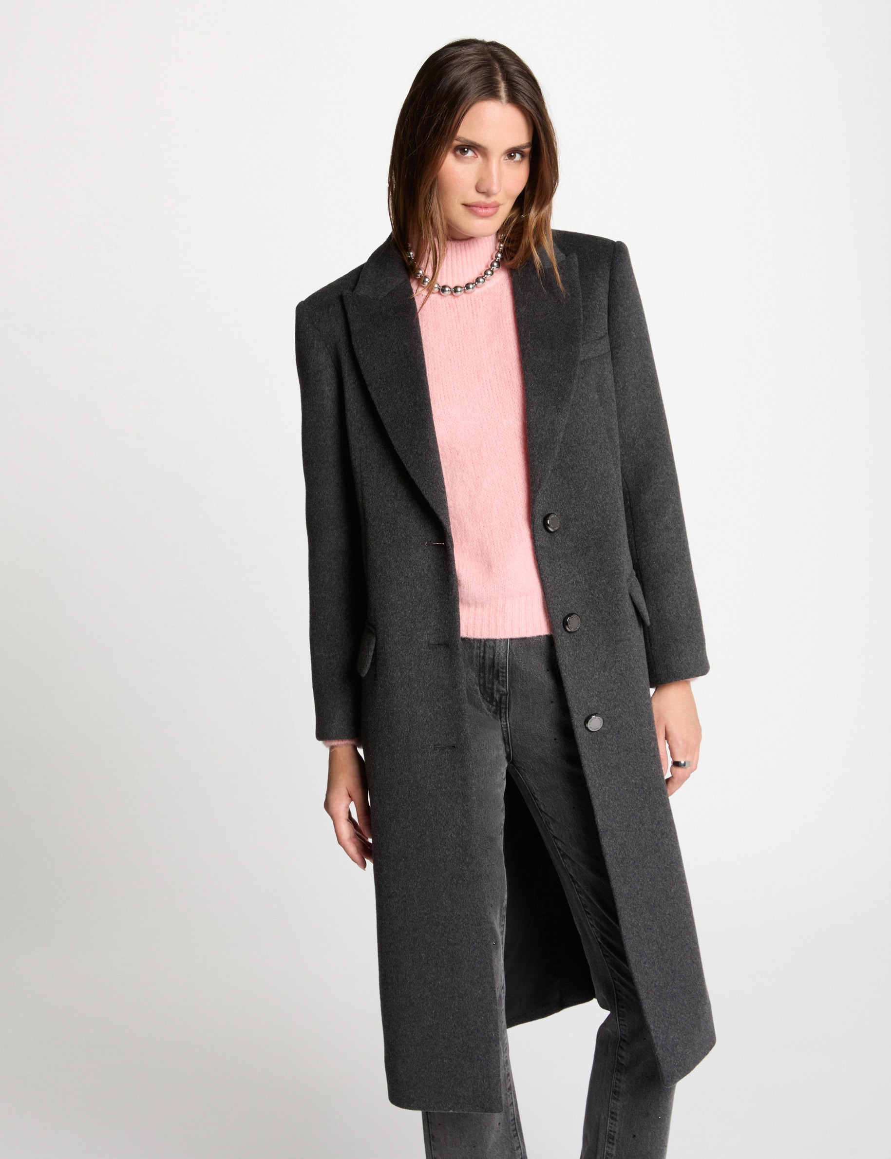 Manteau long boutonné gris anthracite femme