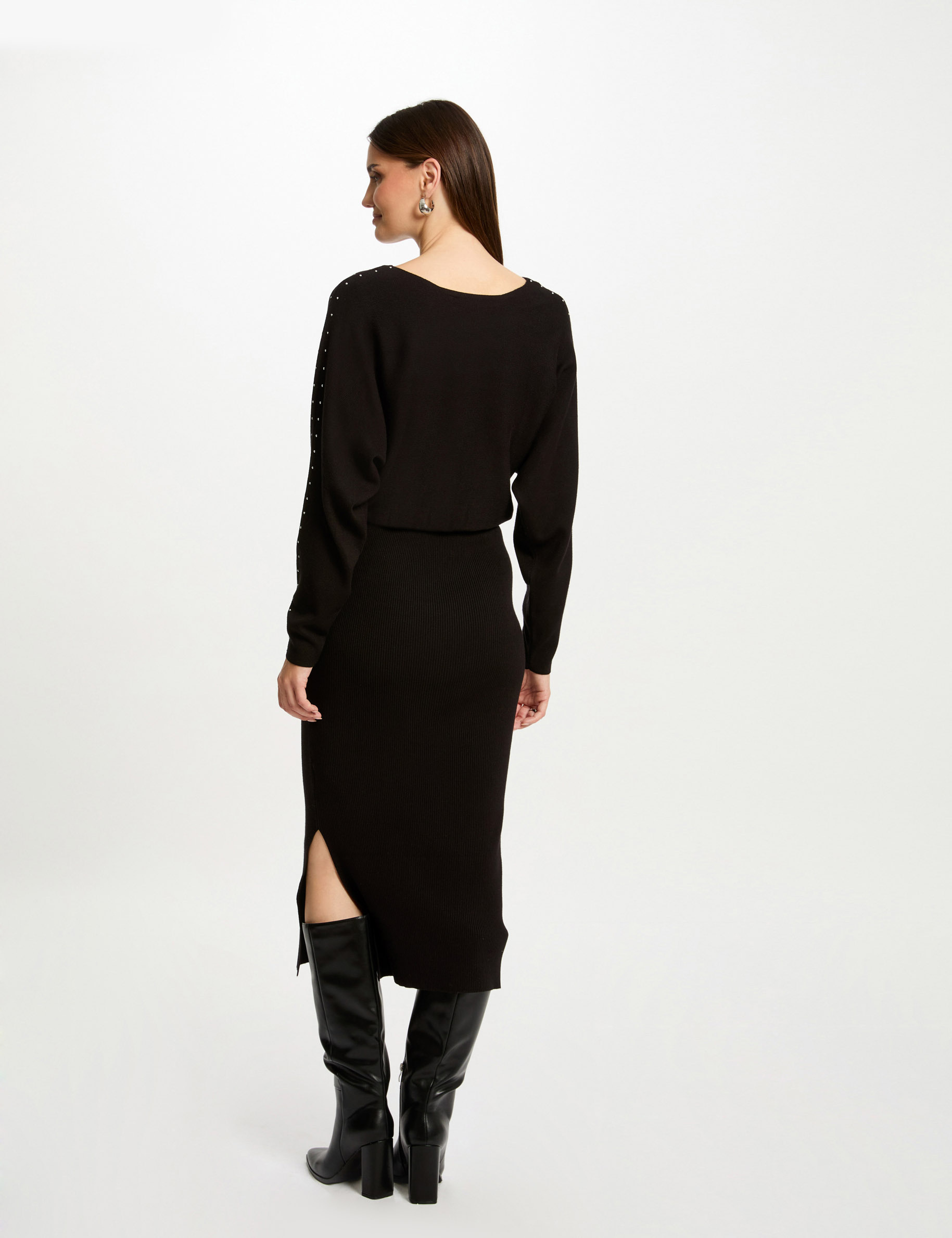 Robe tricot longue ajustée noir femme