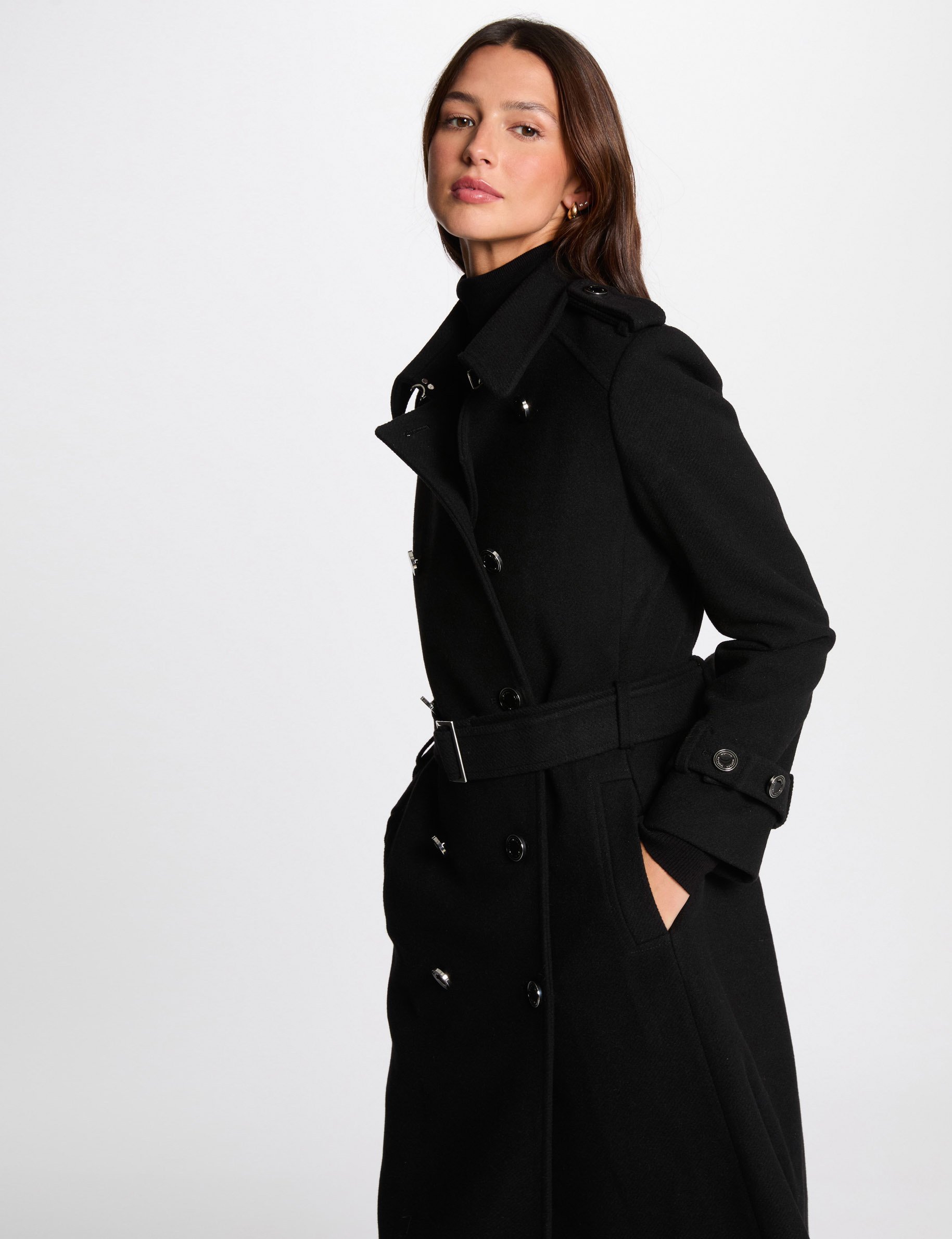 Manteau long ceinturé noir femme