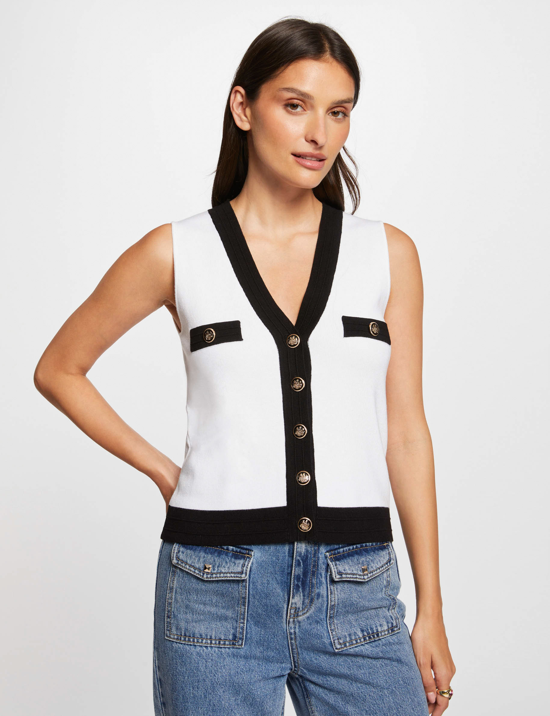 Gilet sans manches col en V ecru femme