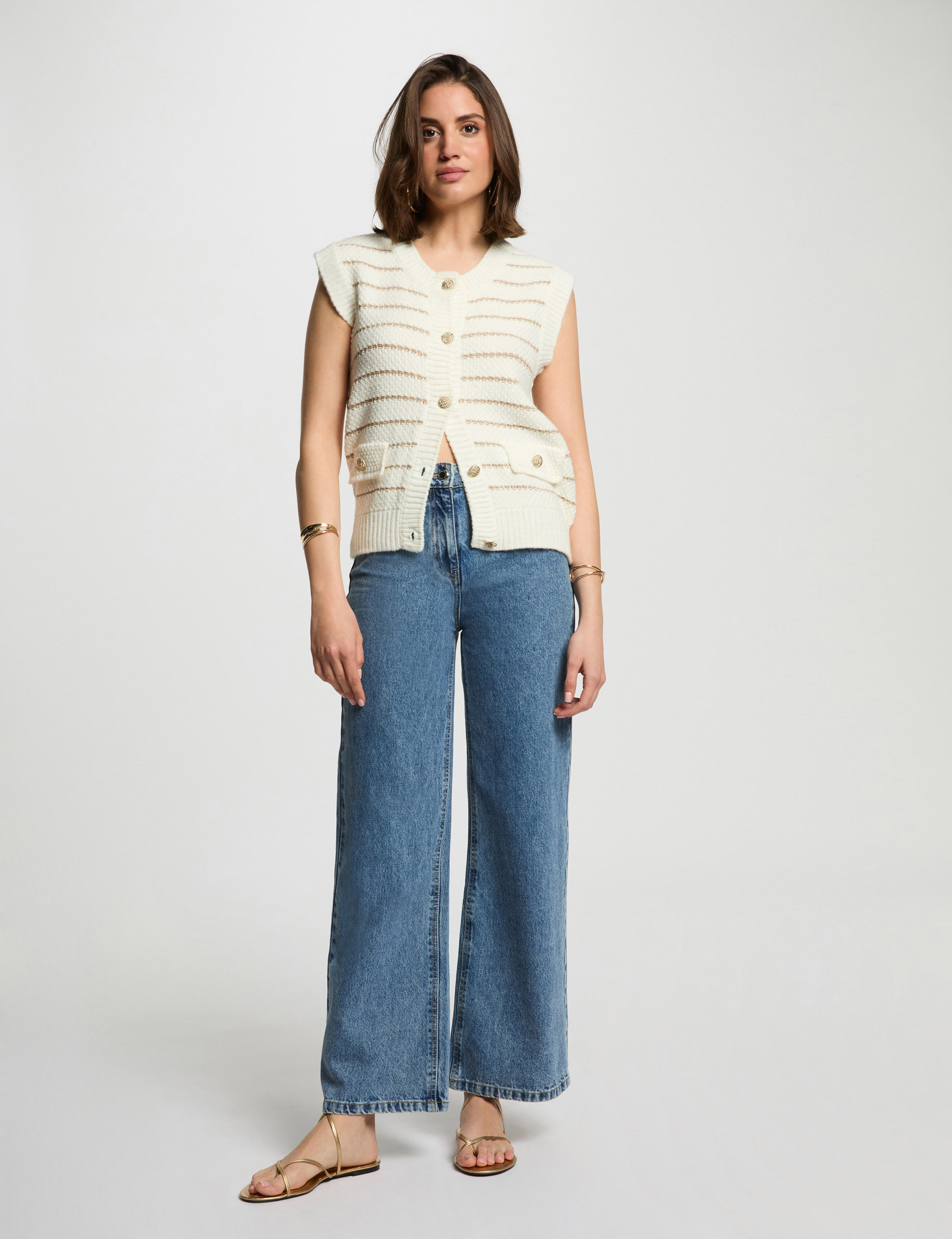 mouwloos gestreept vest beige vrouw Mouwloos gestreept vest beige vrouw