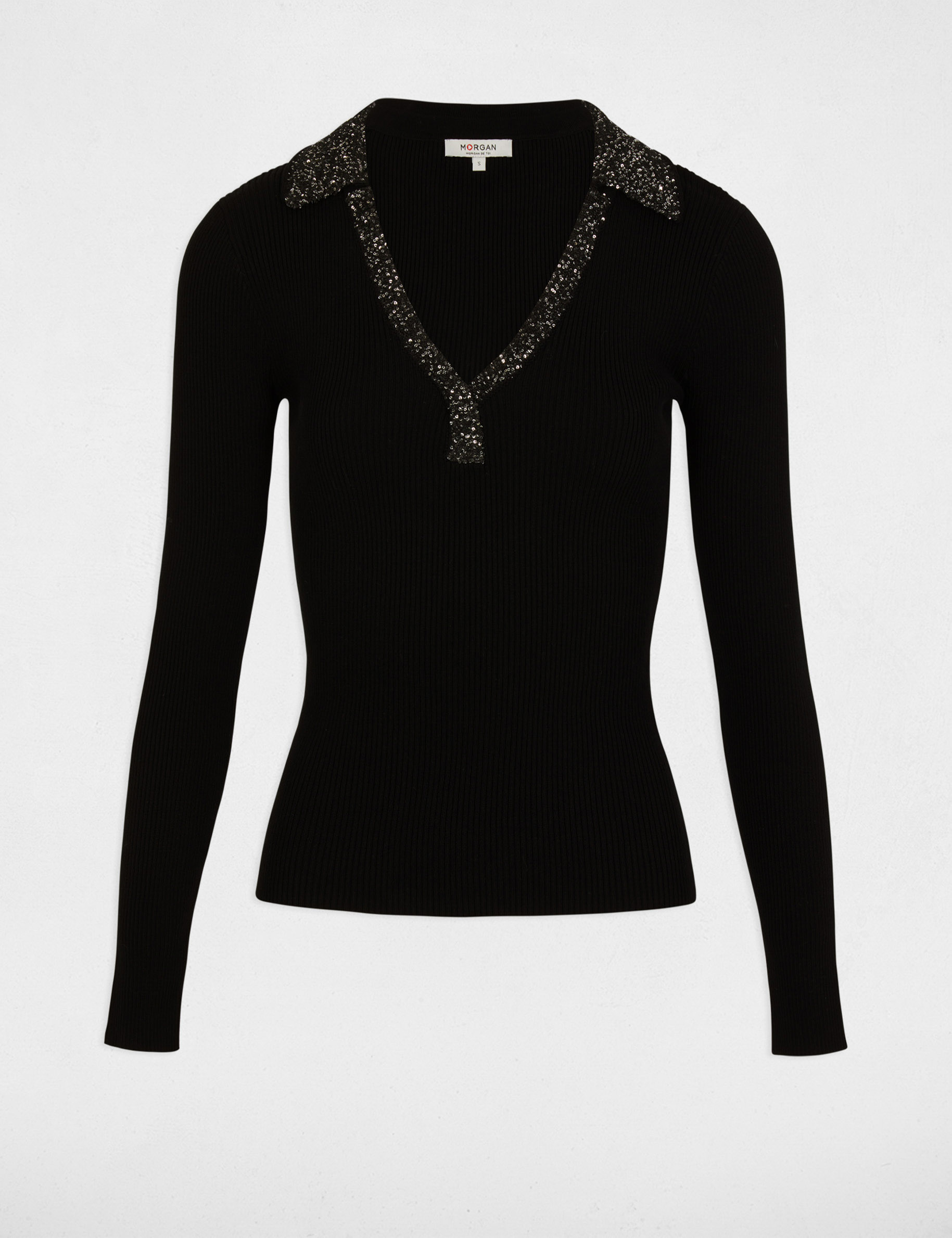 Pull col détails bijoux noir femme