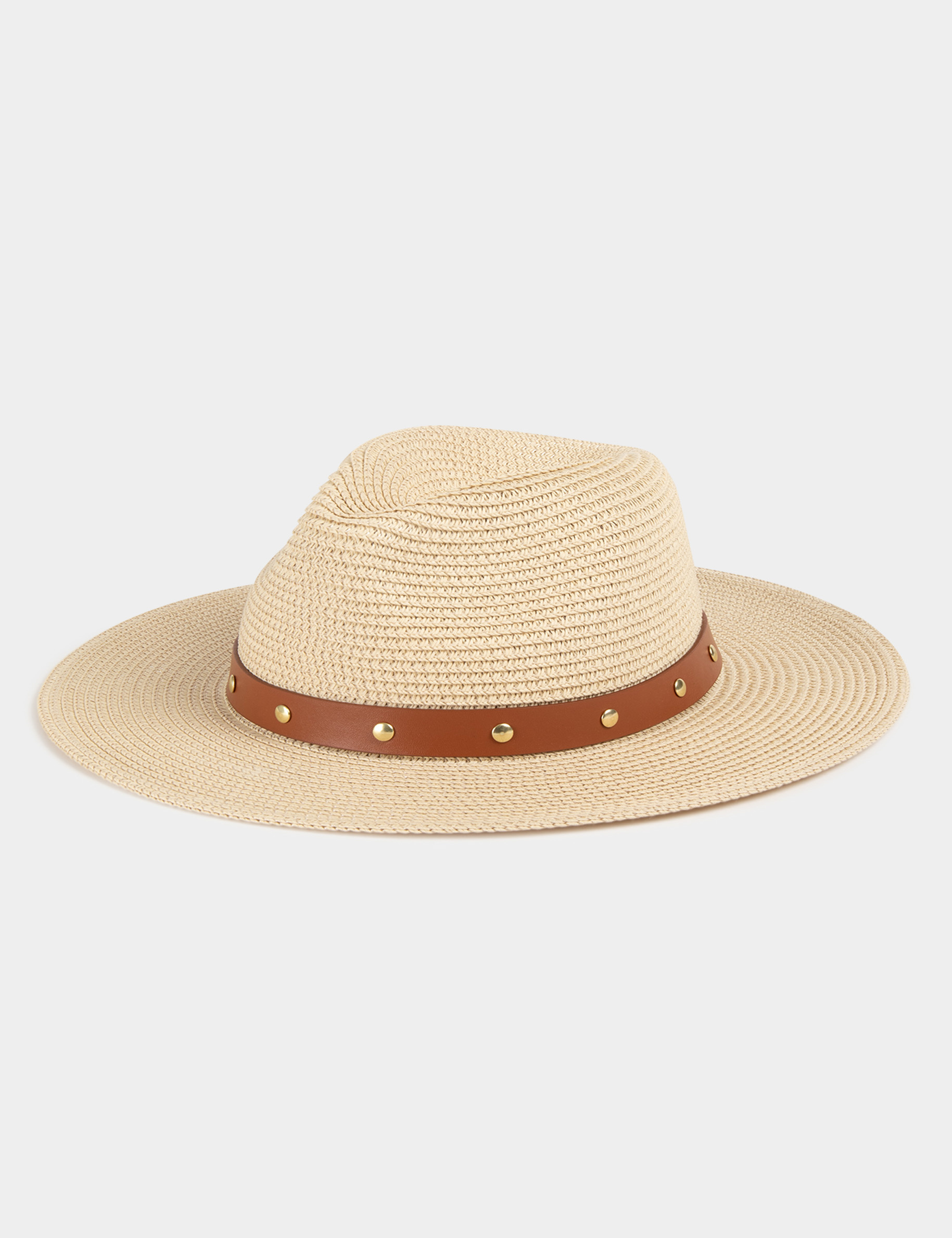 Chapeau tressé détails clous beige femme