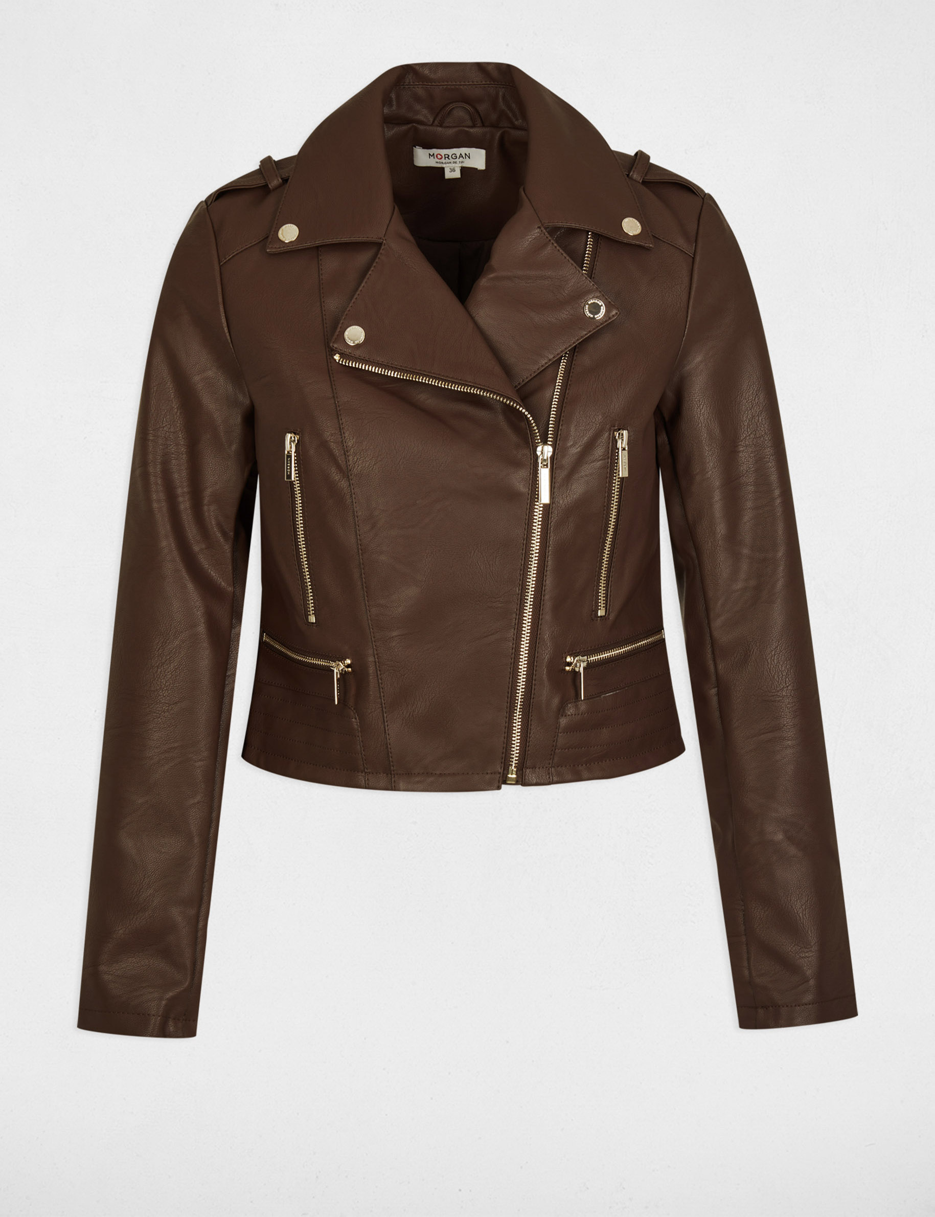 Blouson droit avec col cranté à revers marron femme