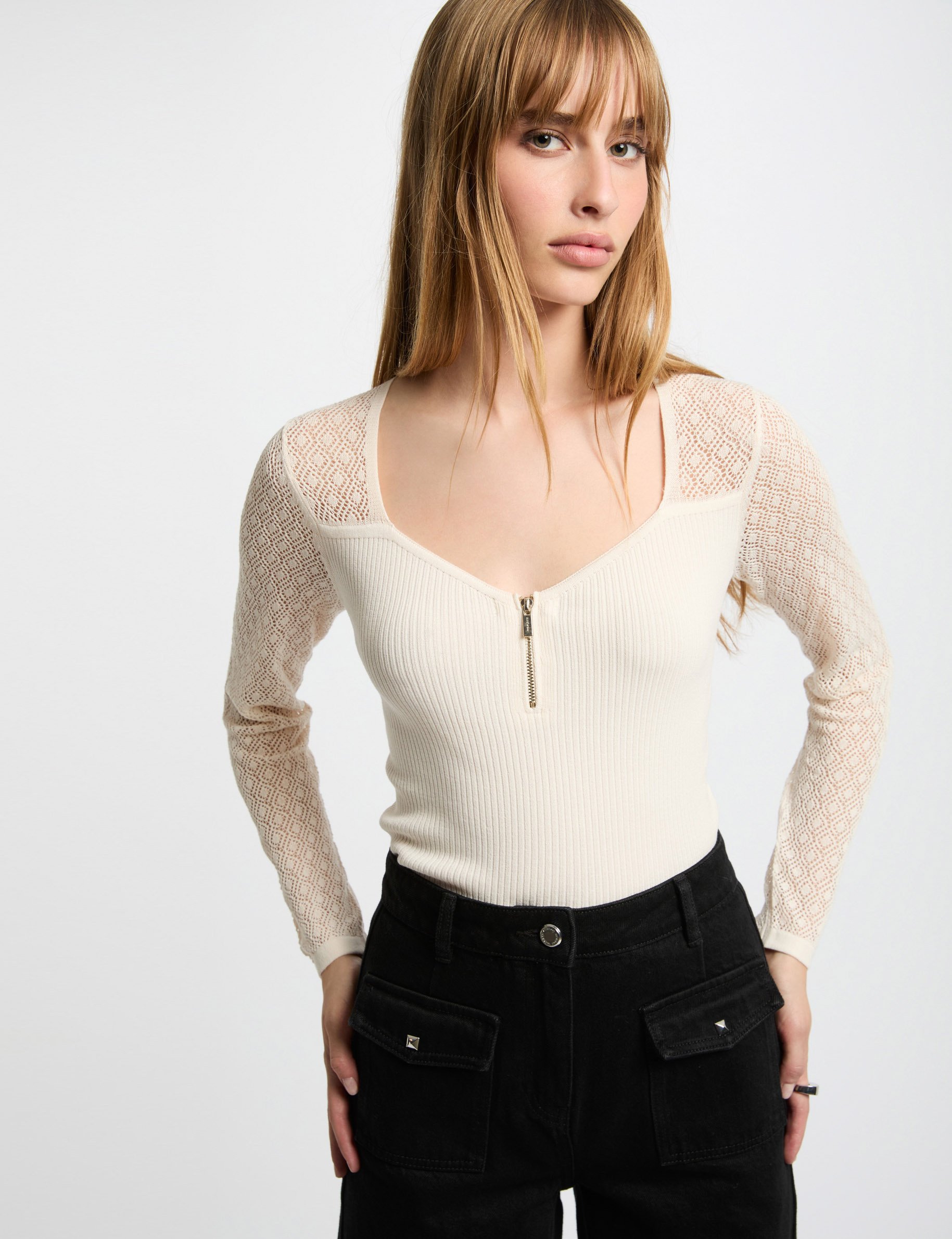 Pull manches ajourées ivoire femme