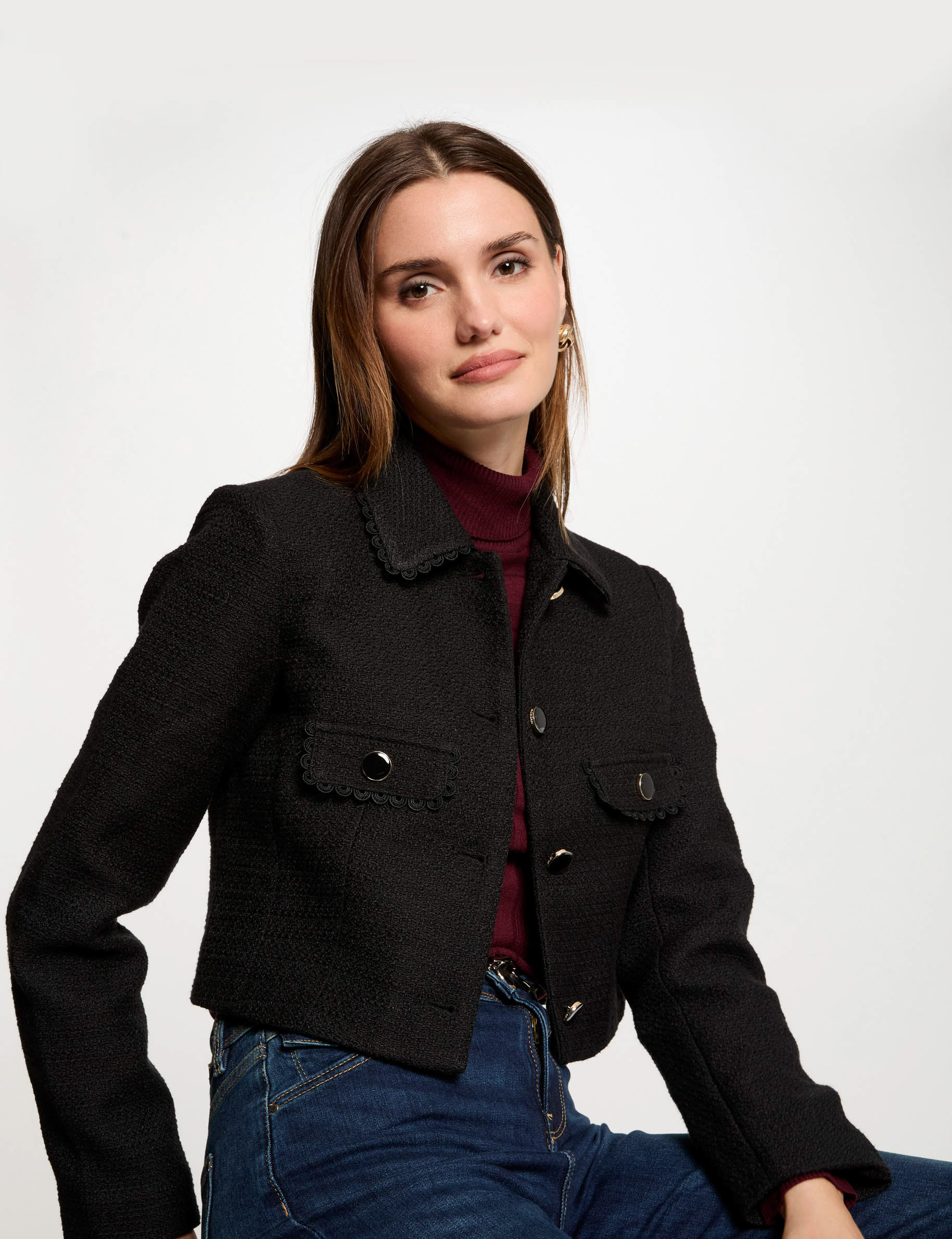 Veste courte tweed noir femme