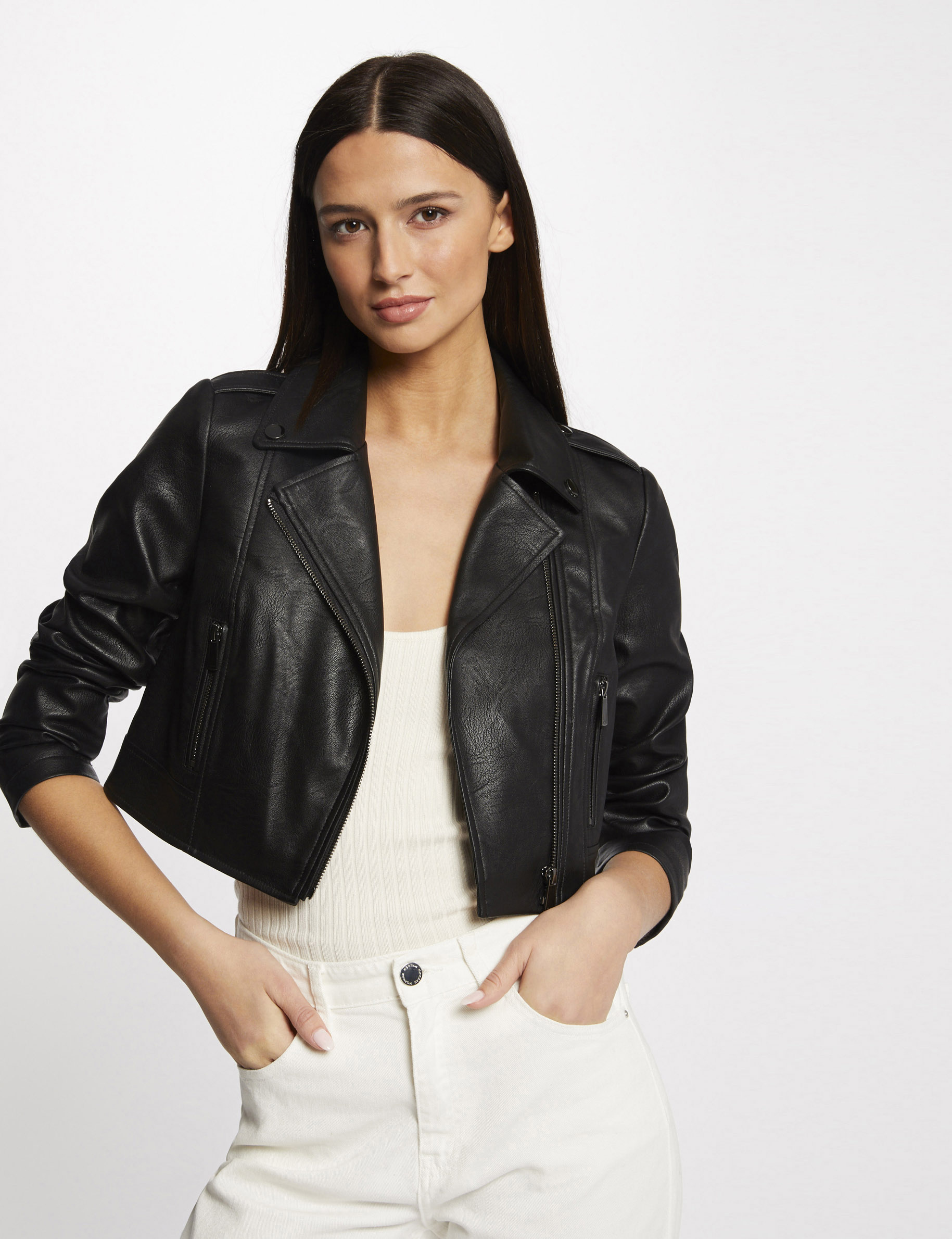 Blouson droit zippé simili cuir noir femme