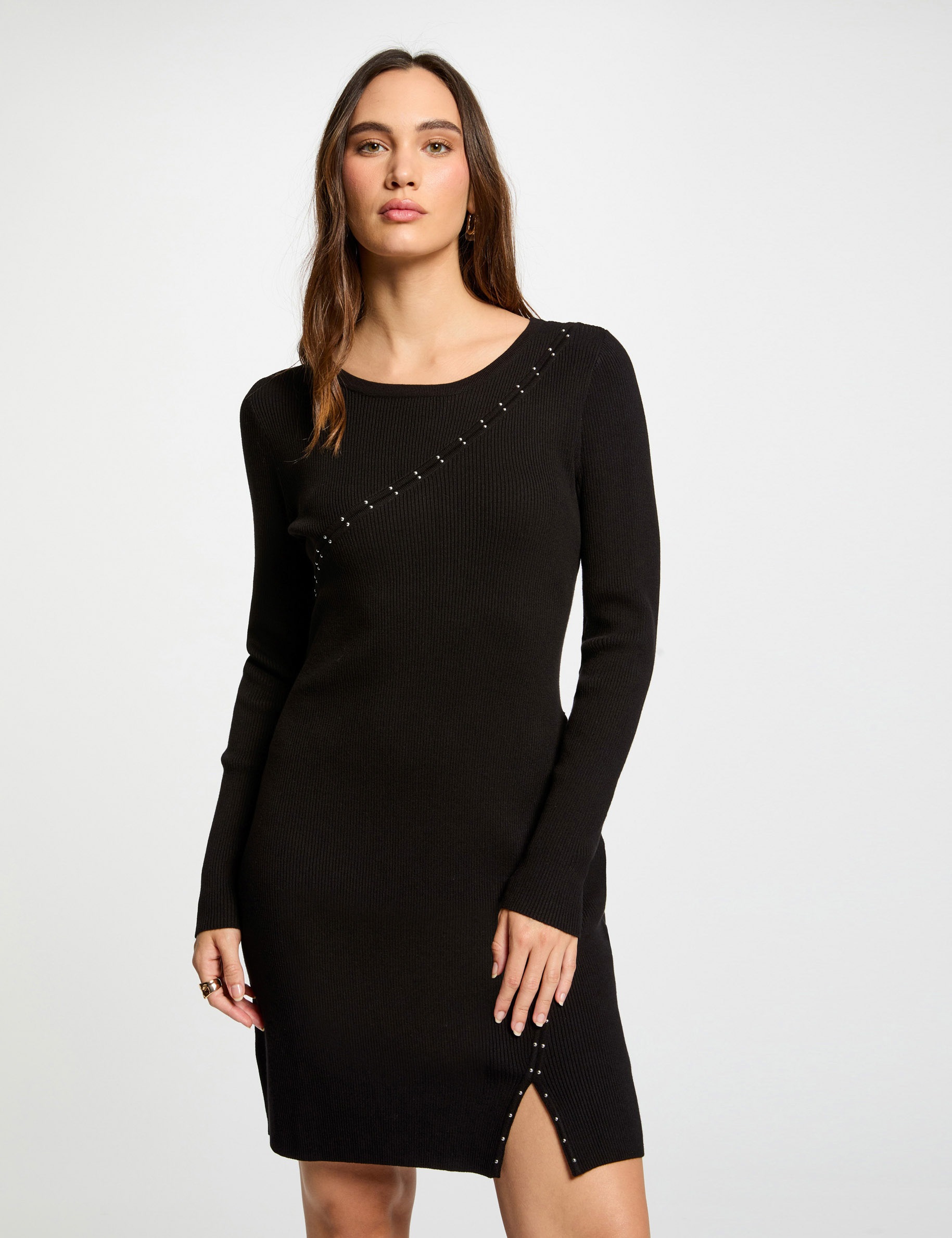 Robe tricot courte ajustée noir femme