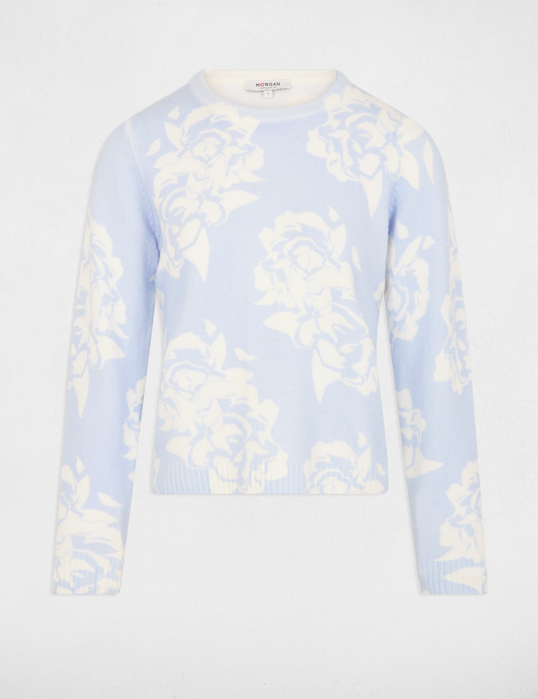 Pull col rond imprimé bleu ciel femme