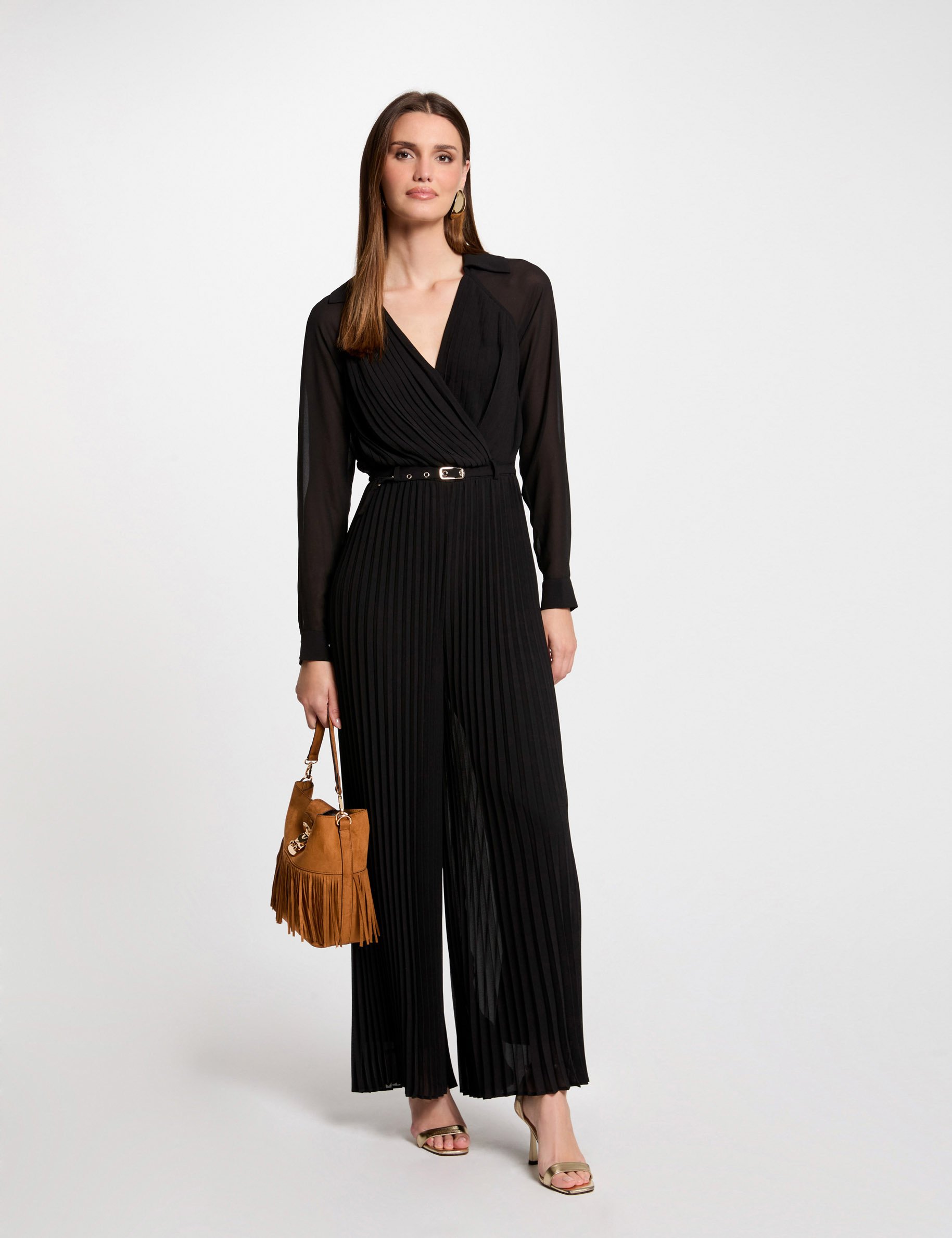 Lange jumpsuit met wijde pijpen zwart vrouw