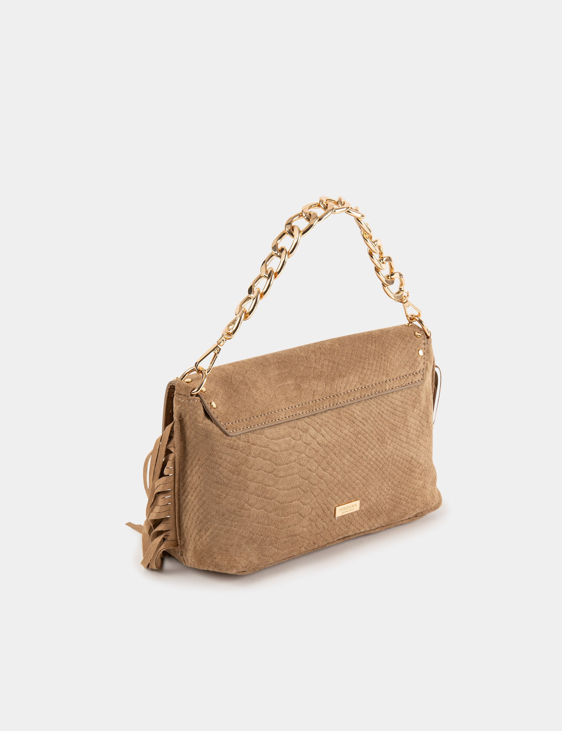 Sac aspect croco à franges et clous beige femme