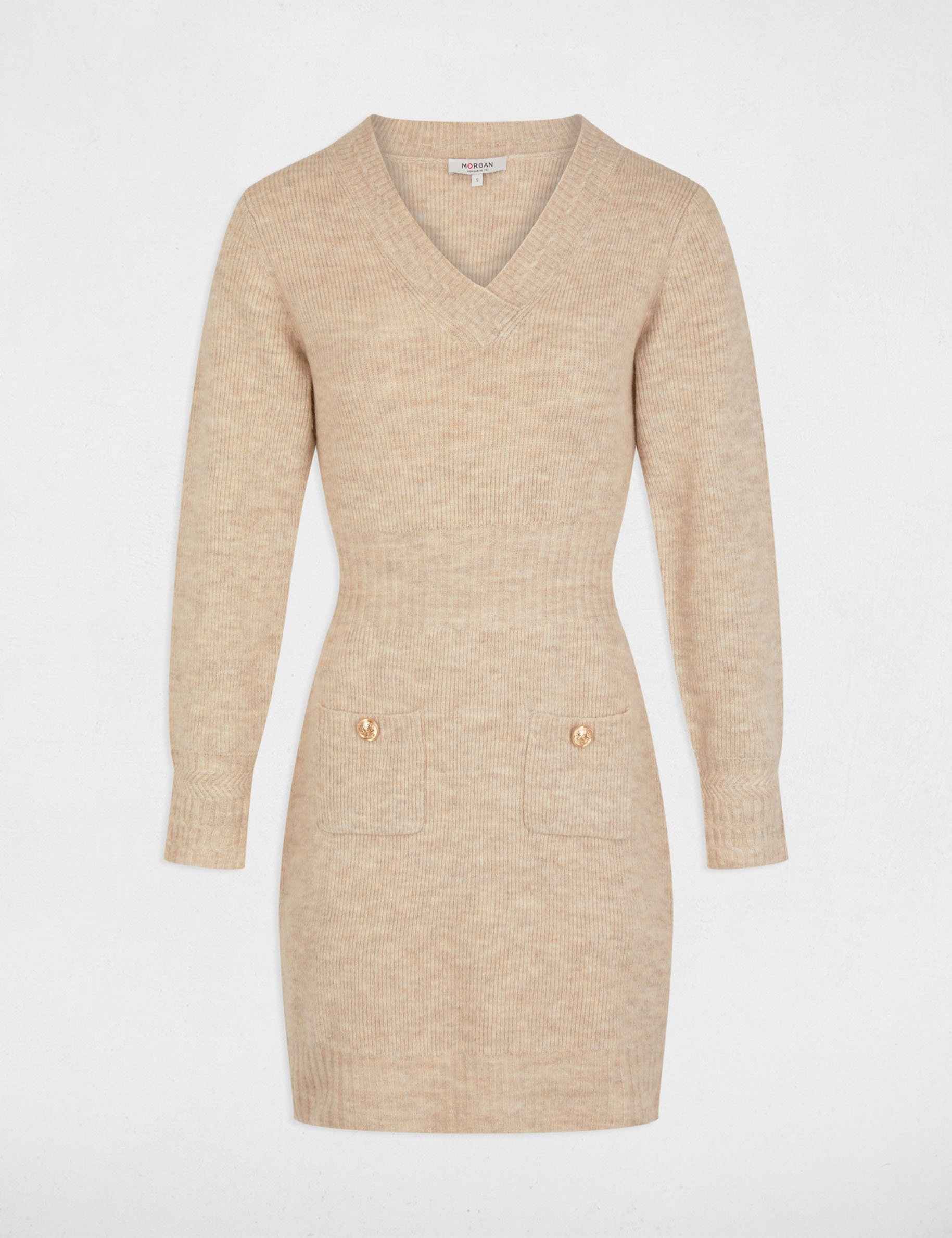 Robe tricot courte ajustée beige femme