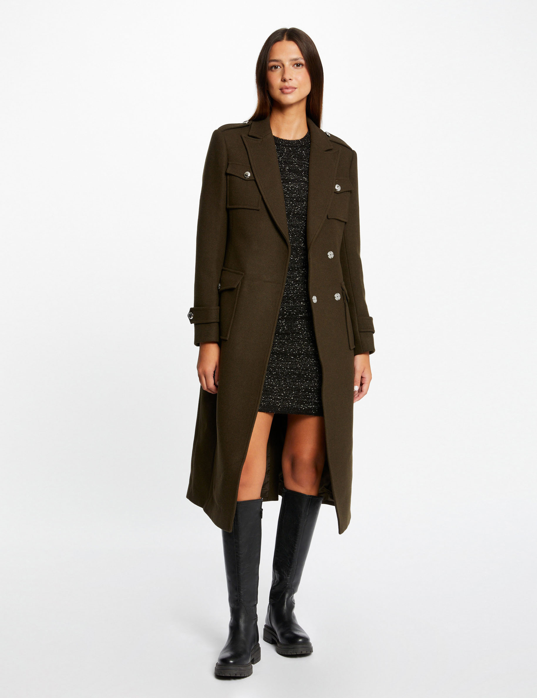 Manteau long cintre avec ceinture vert fonce femme