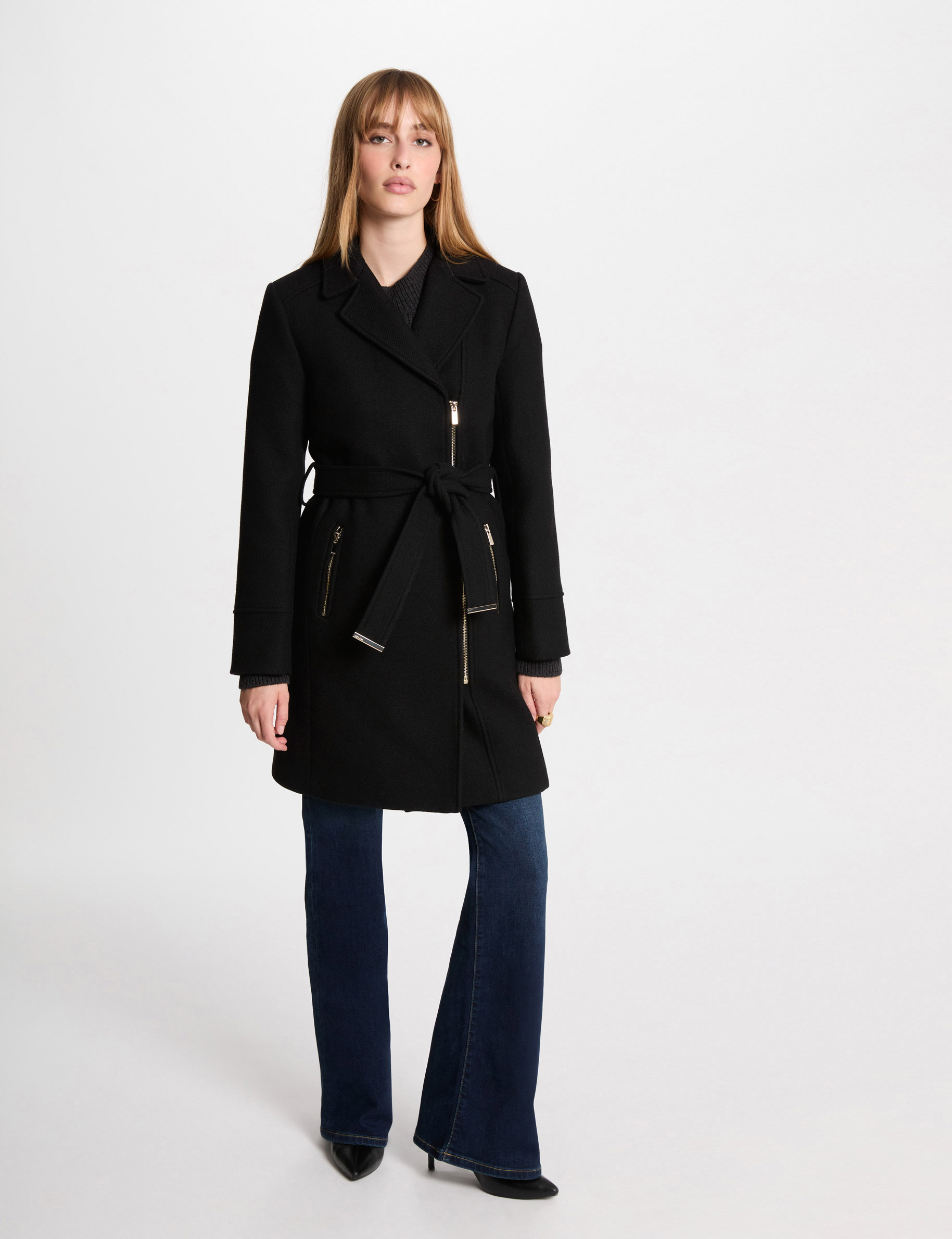 Manteau long ceinturé noir femme