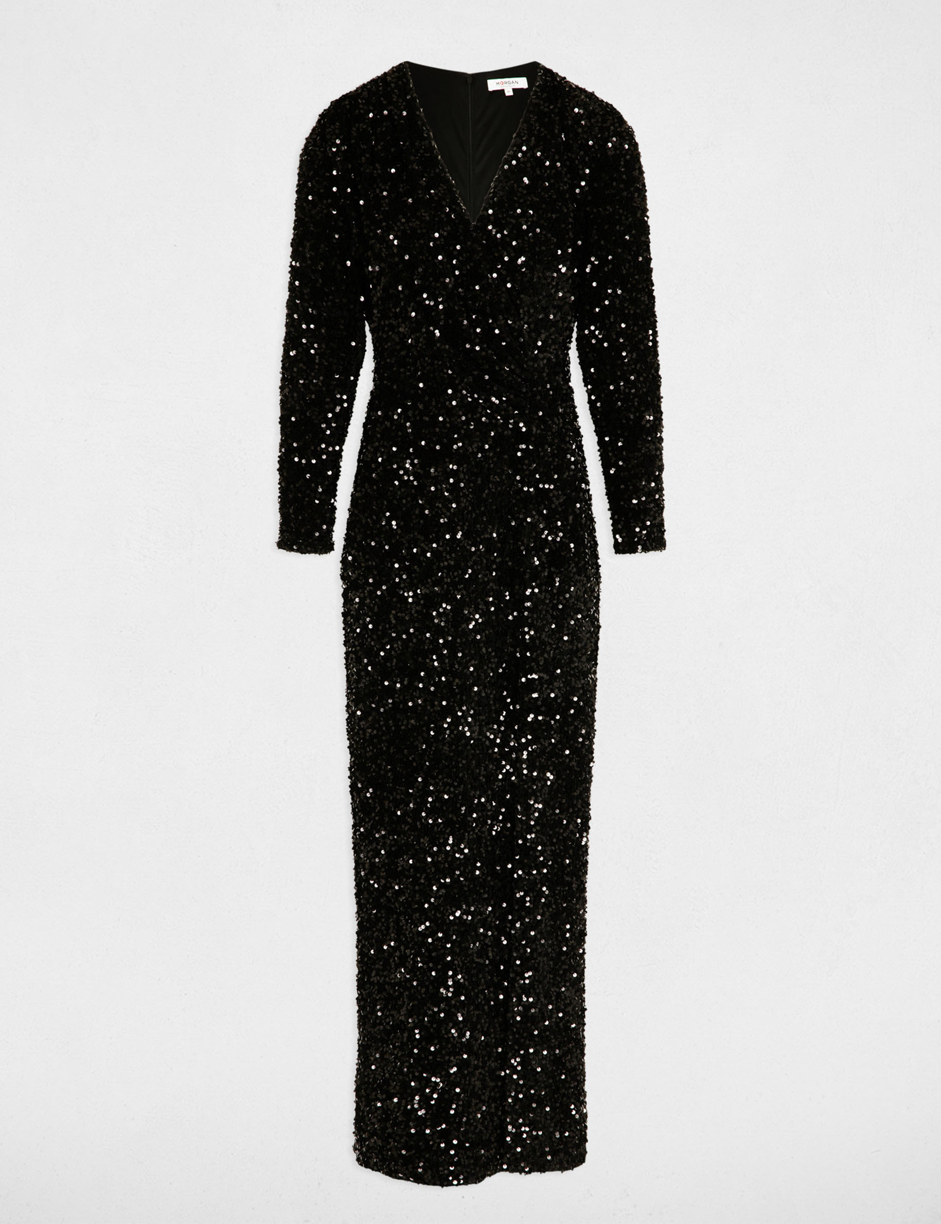 Robe longue ajustée sequins noir femme