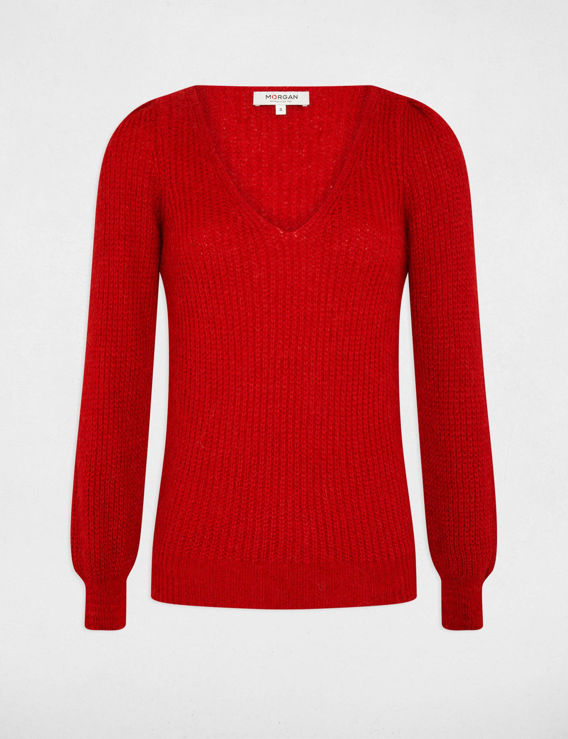 Pull manches longues à col en V rouge moyen femme