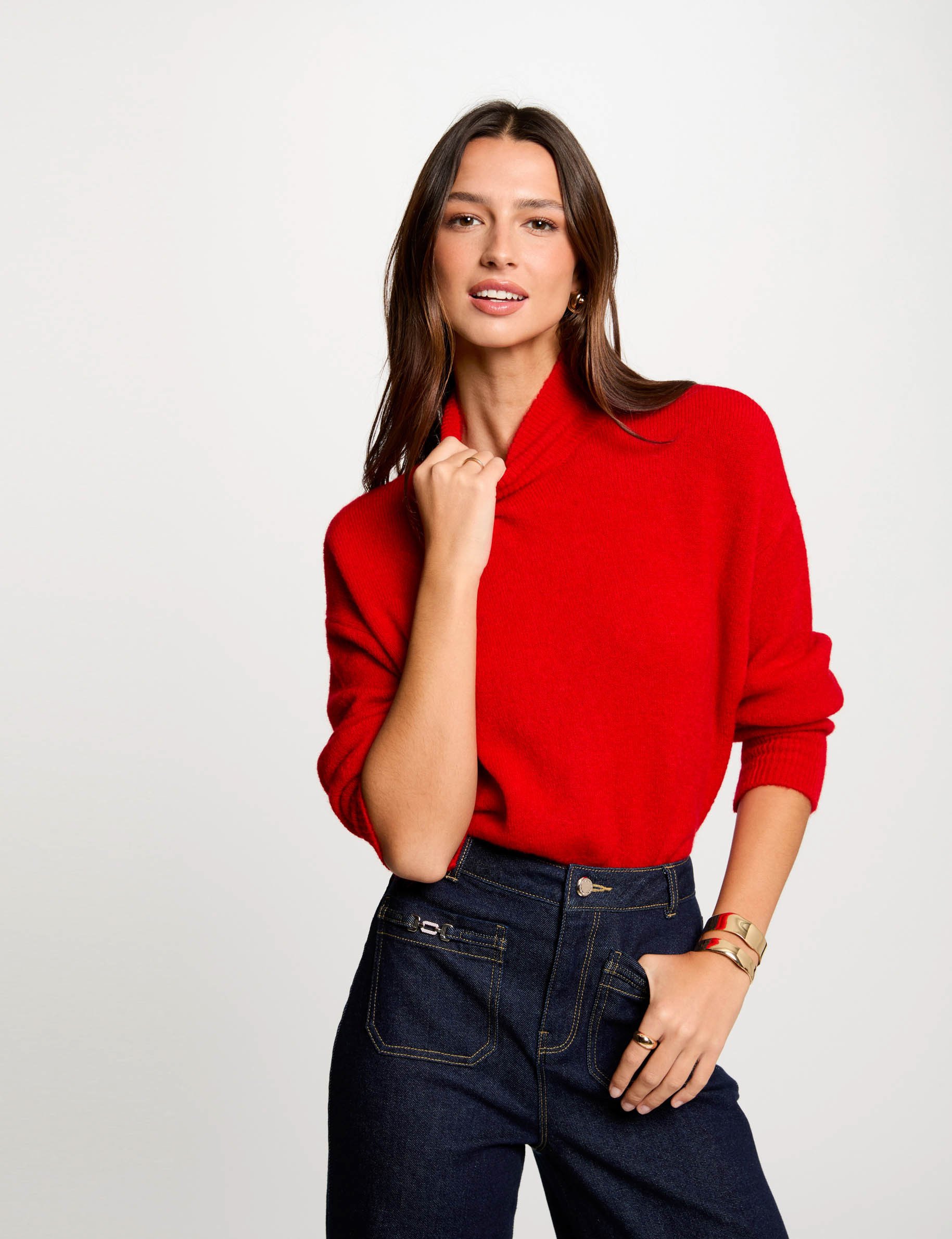 Pull col montant rouge femme