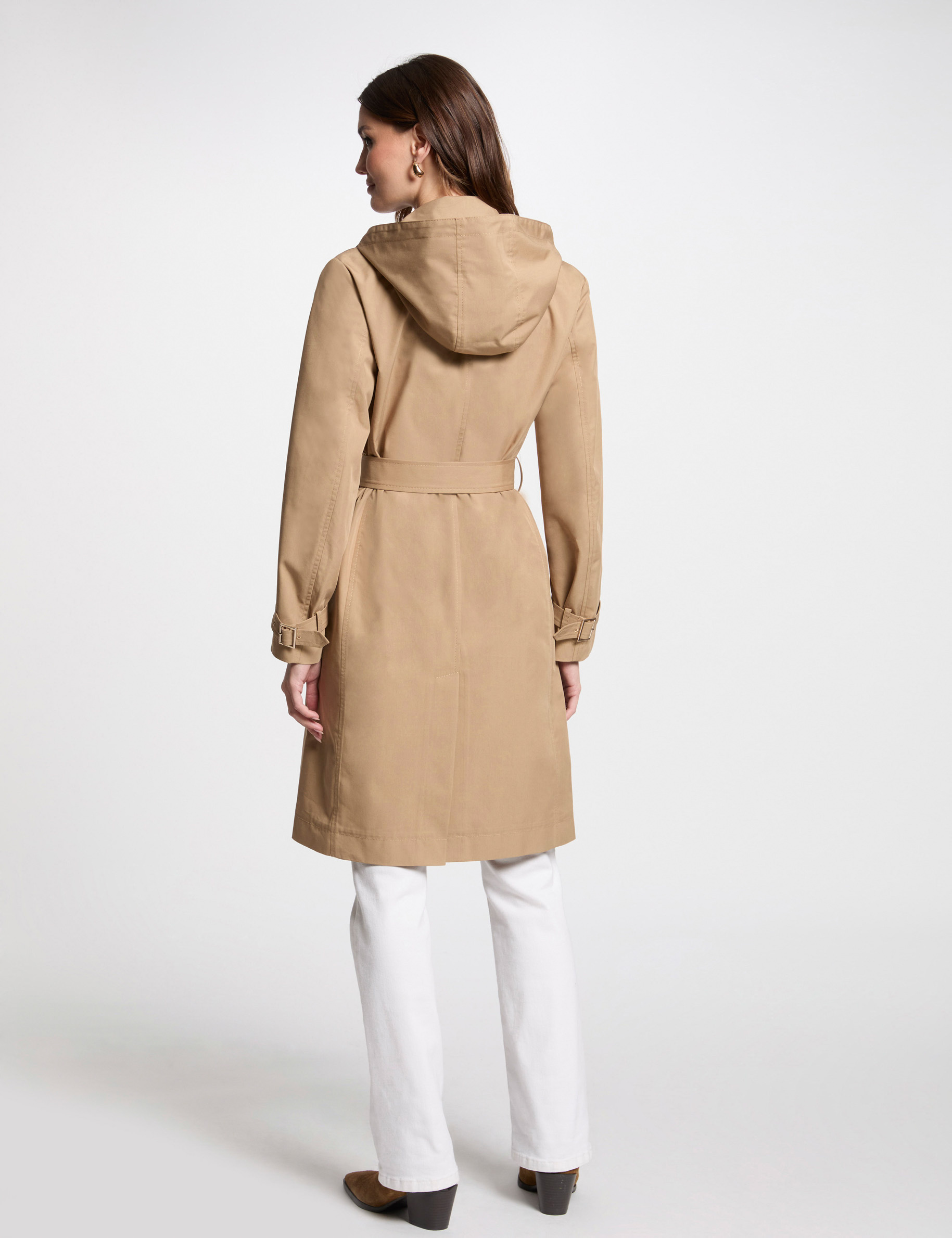 Lange trenchcoat met ceintuur beige vrouw