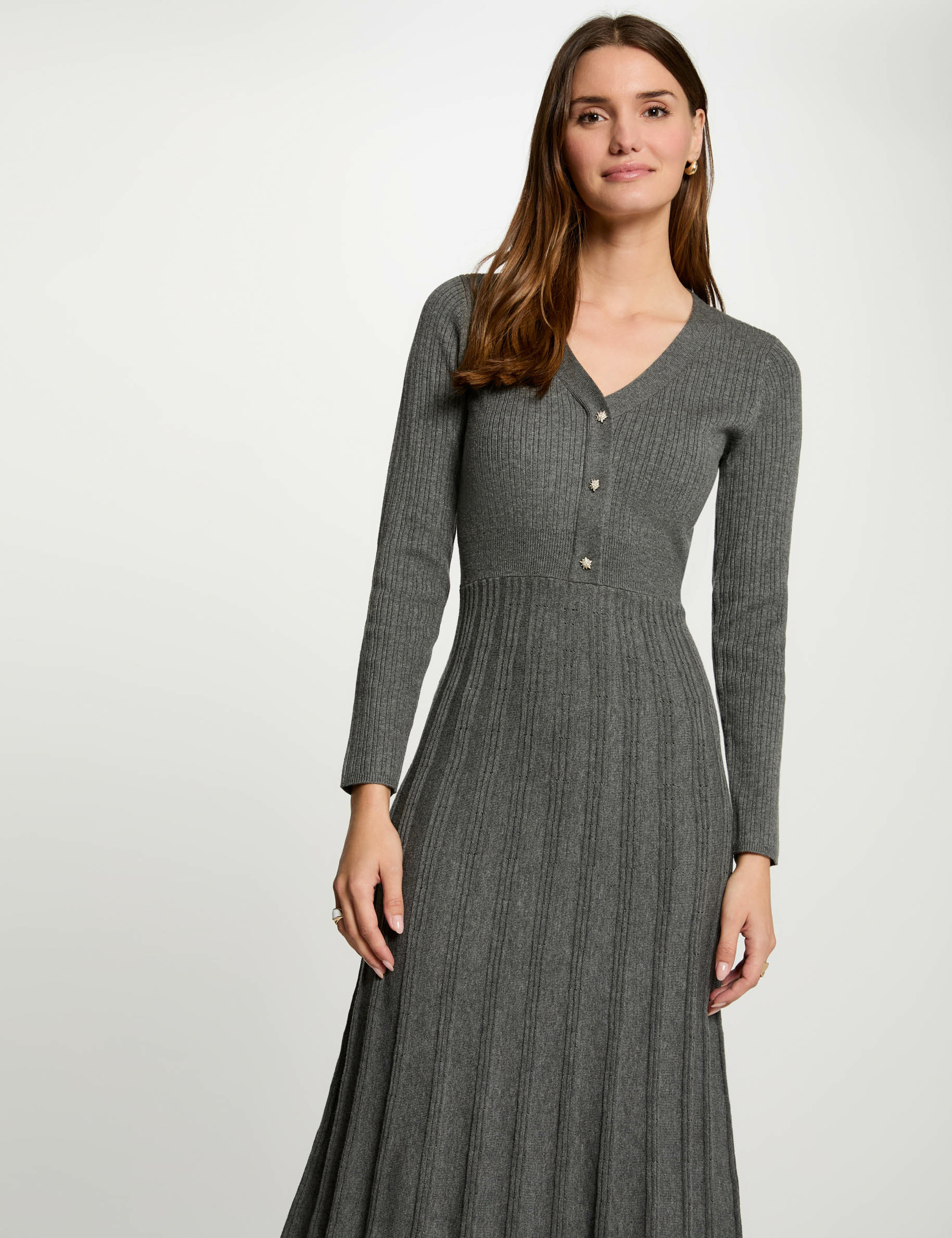 Robe tricot midi ajustée plis gris anthracite femme