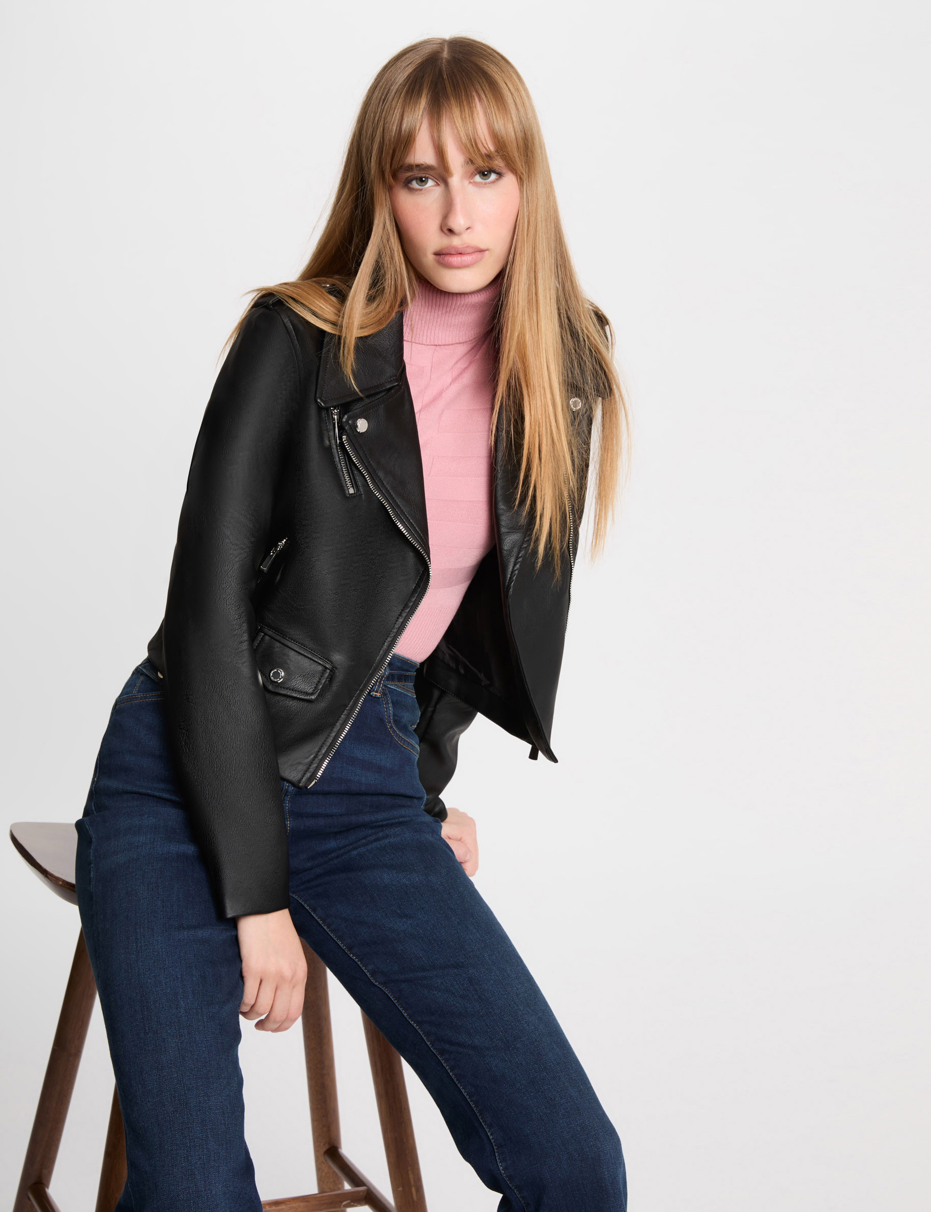 Blouson court simili cuir noir femme