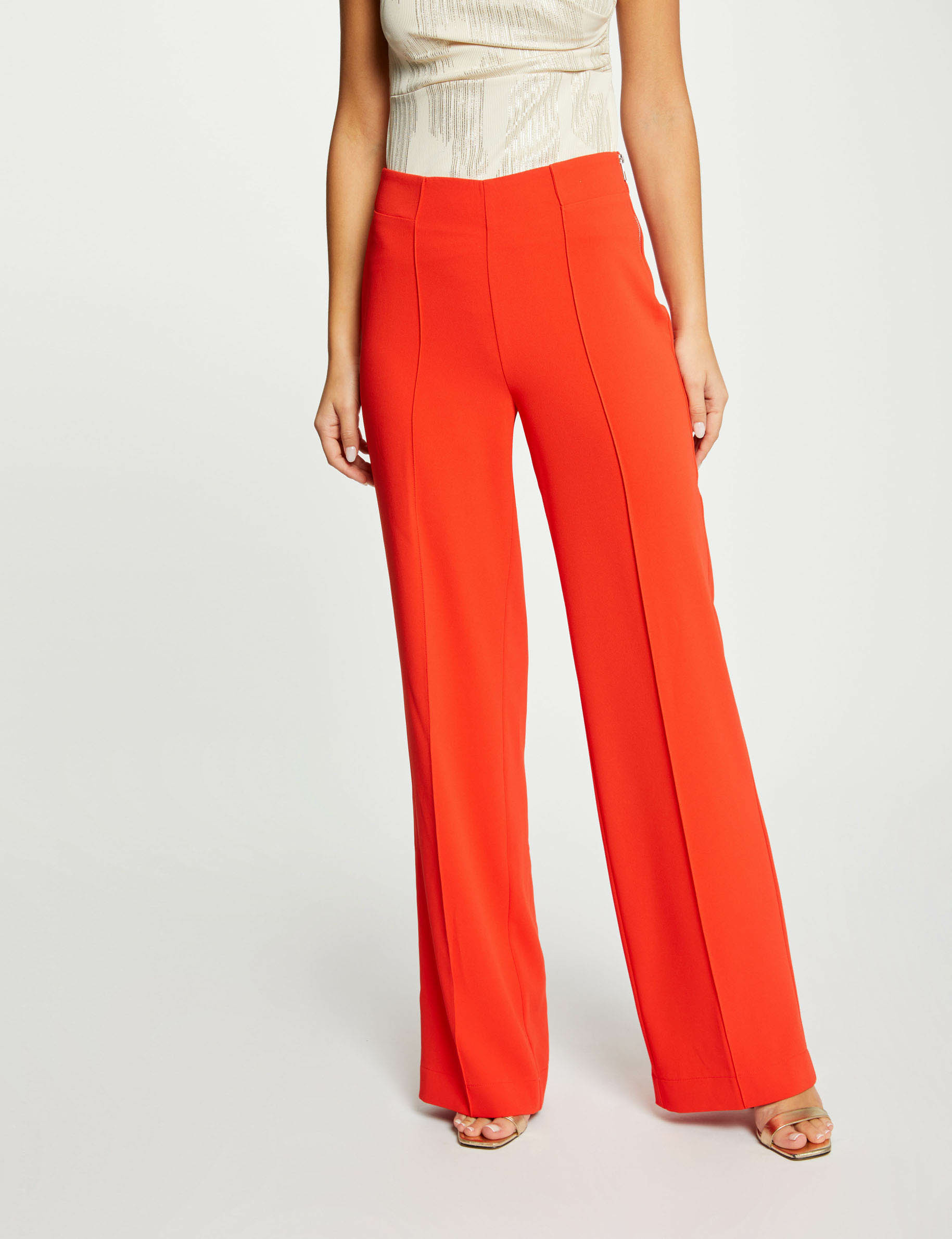 Pantalon jambe large fluide orange foncé femme