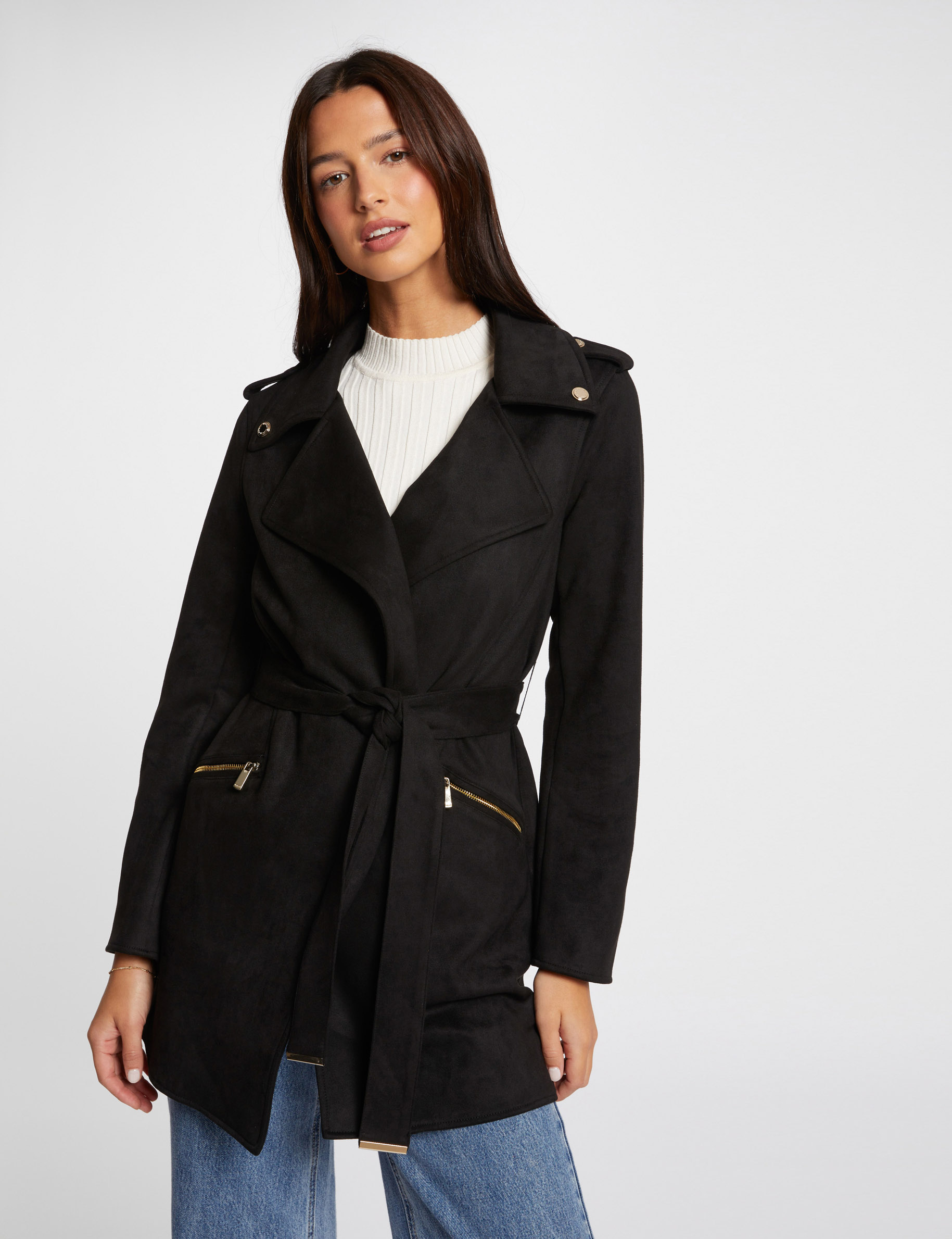 Manteau long ceinturé suédine noir femme