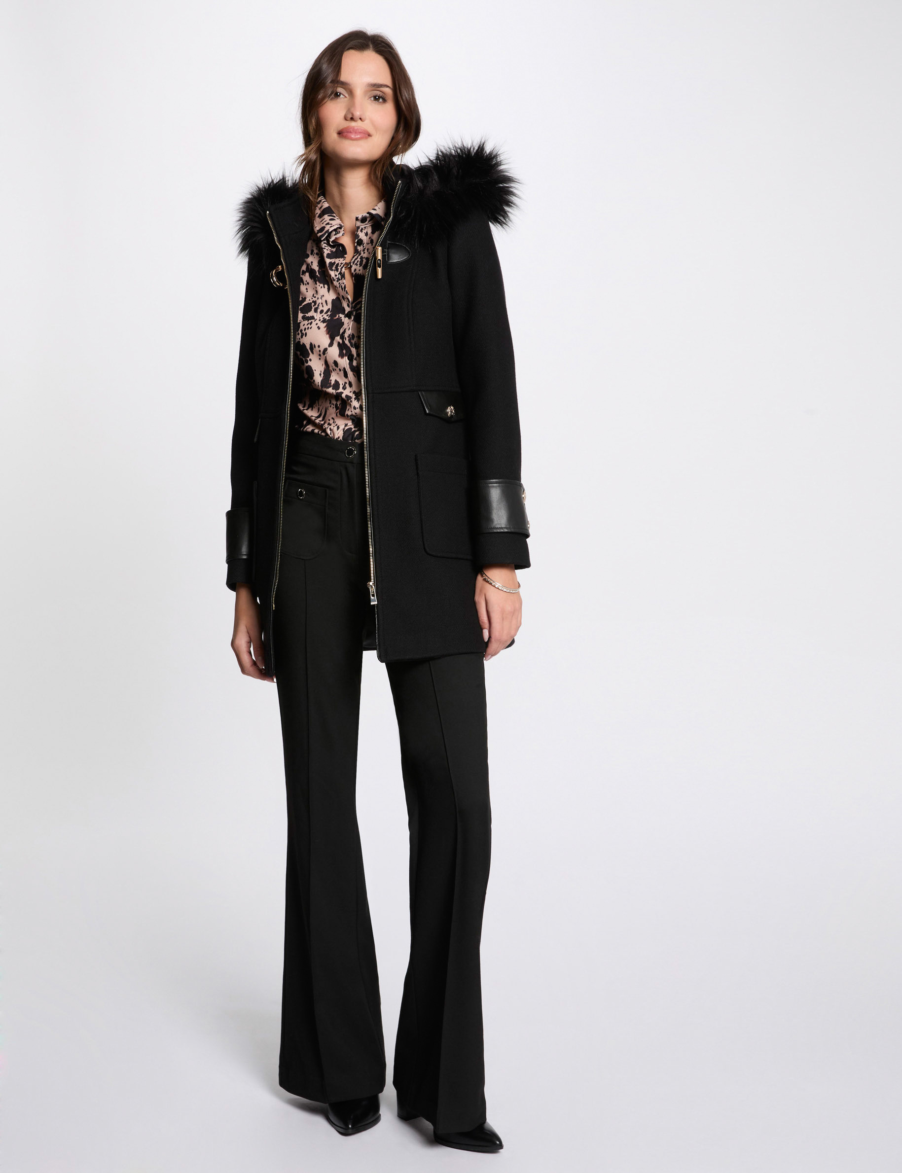 Manteau détails simili cuir noir femme