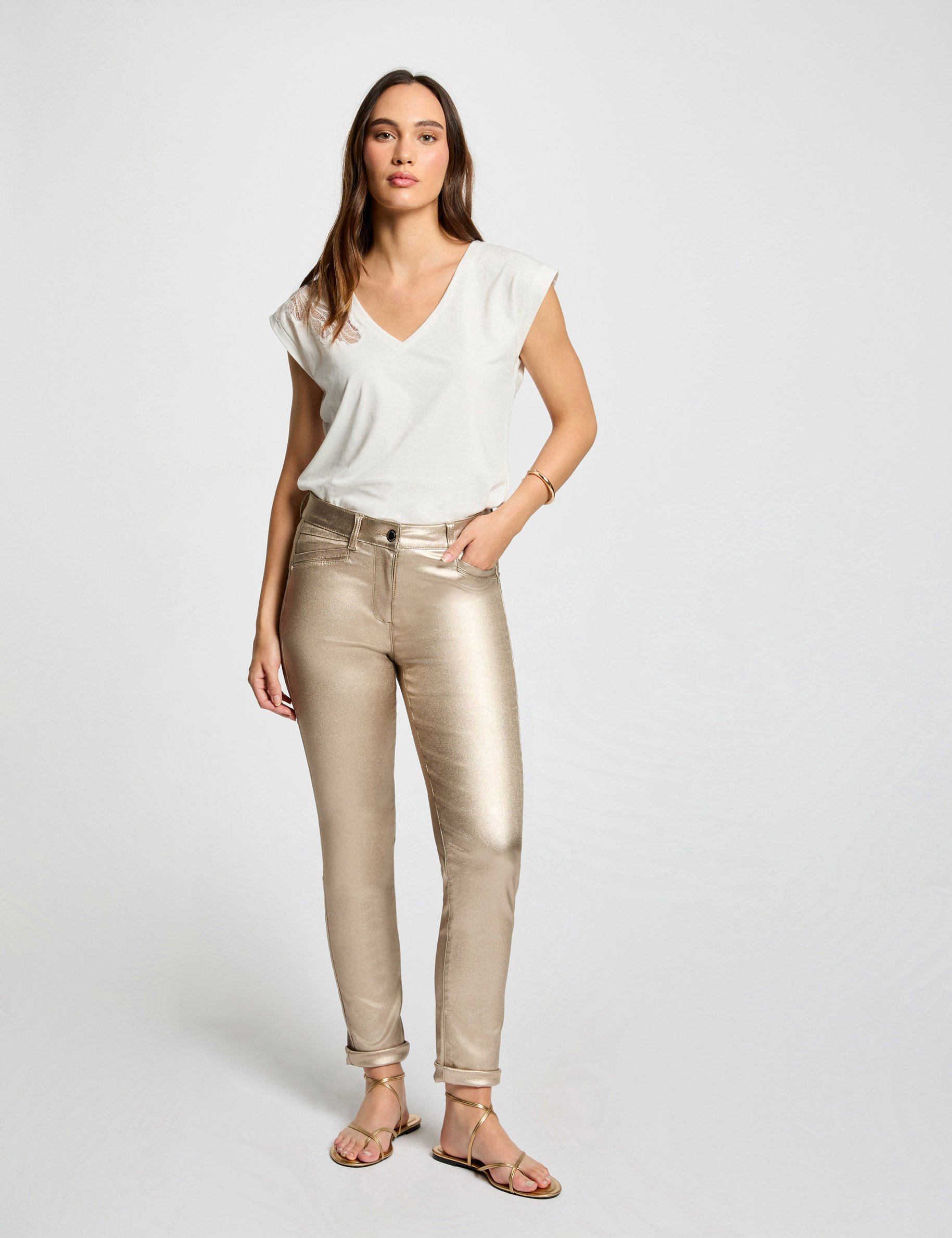 Pantalon ajusté enduit dore femme