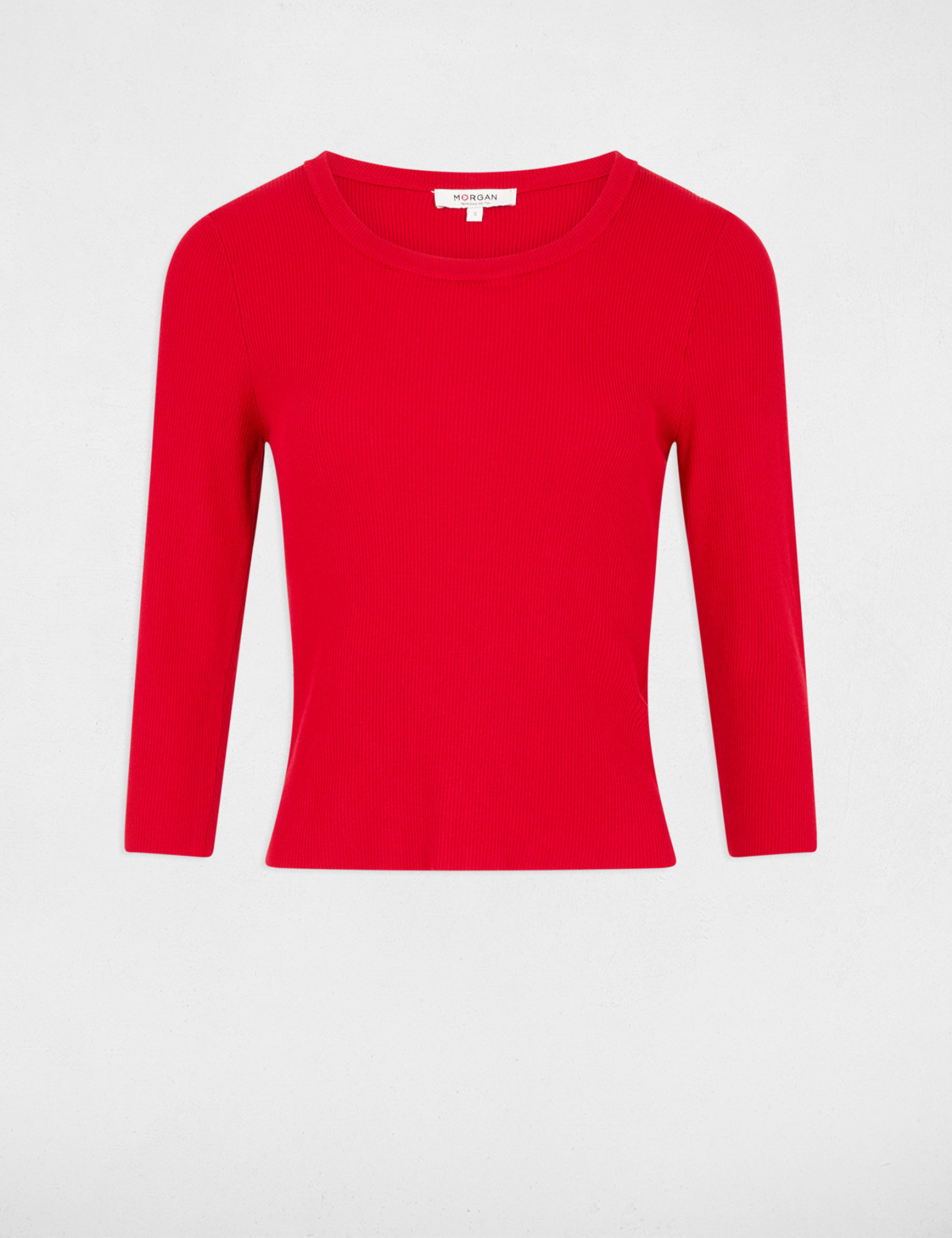 Pull col rond manches 3/4 rouge femme